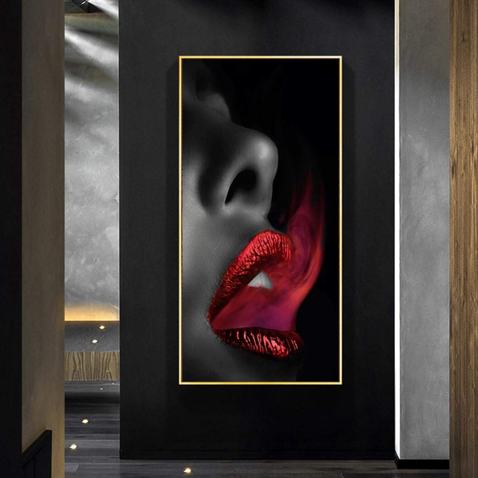 Mujer boca de humo rojo labios atractivos lienzo pintura carteles e impresiones imágenes artísticas de pared para sala de estar decoración del hogar moderno 60x120cm con marco