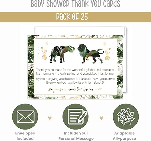 Miniatura 4 de Tarjetas de agradecimiento verdes y doradas para baby shower con sobres (paquete de 25) mensaje preimpreso de bebés niños o niñas con espacio