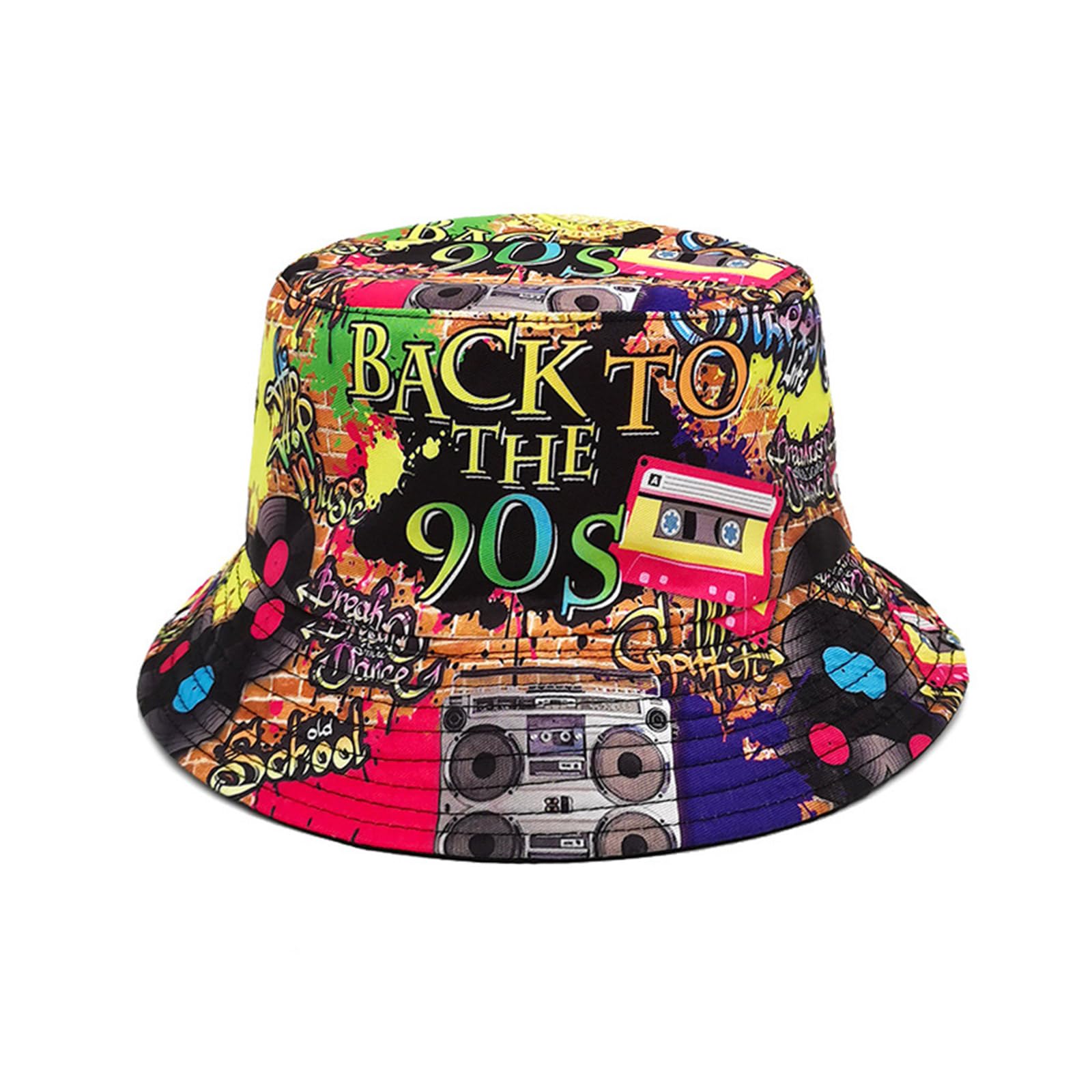 Newwyt 80s 90s Vintage Fishing Hat for Women Men Breathable Colorful Print Cap Sun Protective Hat Double-side Hiphop Bucket Hat Polyester