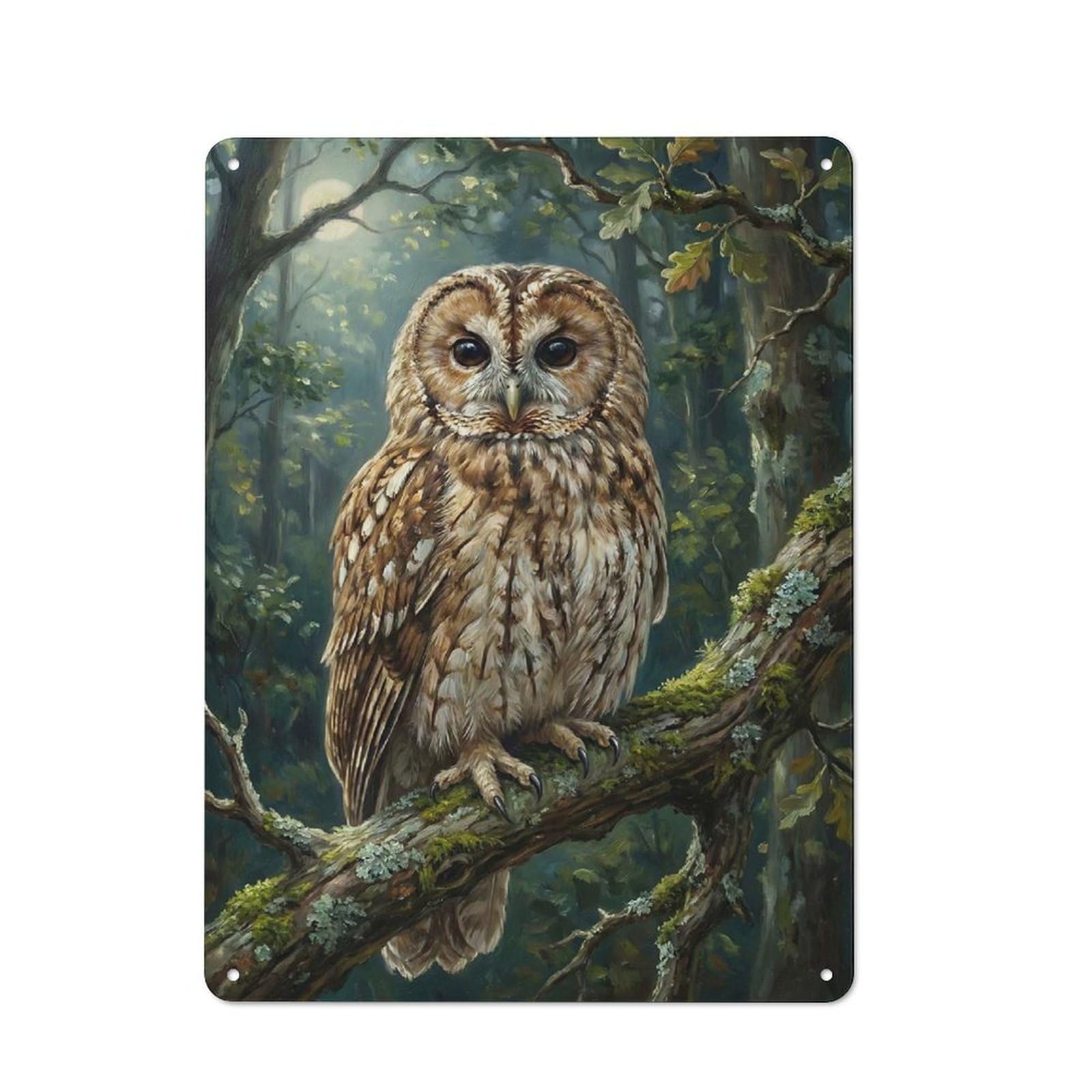Junmoney Style-2 Tin Wall Plaque 40X30cm With Owl Perched On Branch In Forest For Guest Room Or Hallway, For Garage, Workshop And Man Cave Decoration