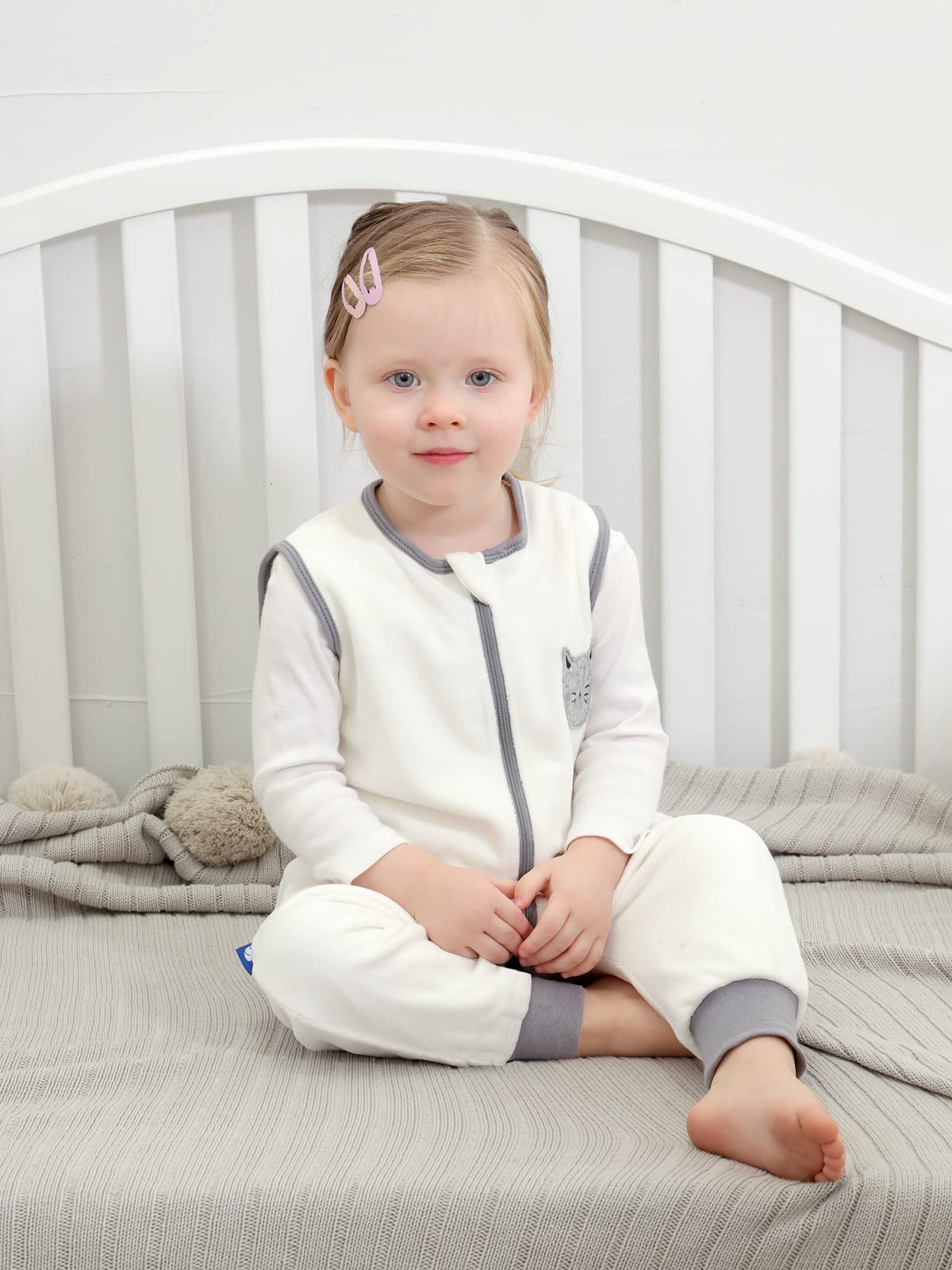 ililmmoe Sacco nanna unisex per bambini, con piedi, in cotone, con clip in cotone, 1,5 tog, gatto bianco, S, 80 cm