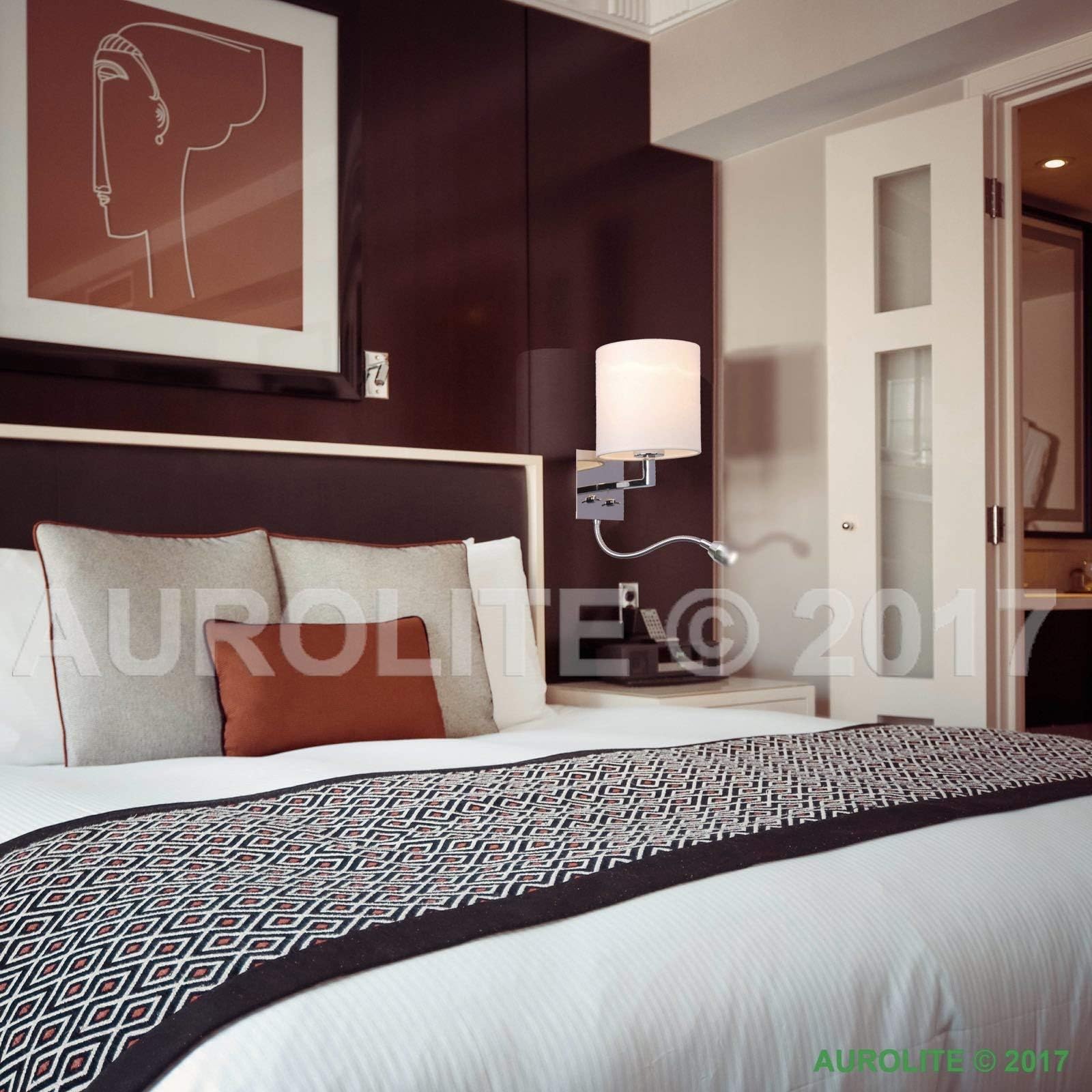 AUROLITE Bianco 1xE27/ES, Up Down Wall Adjustable LED Reading Light, and 2 Toggle Switches, Polished Chrome Finish, Cylinder Shape, White Fabric Shade, Circular