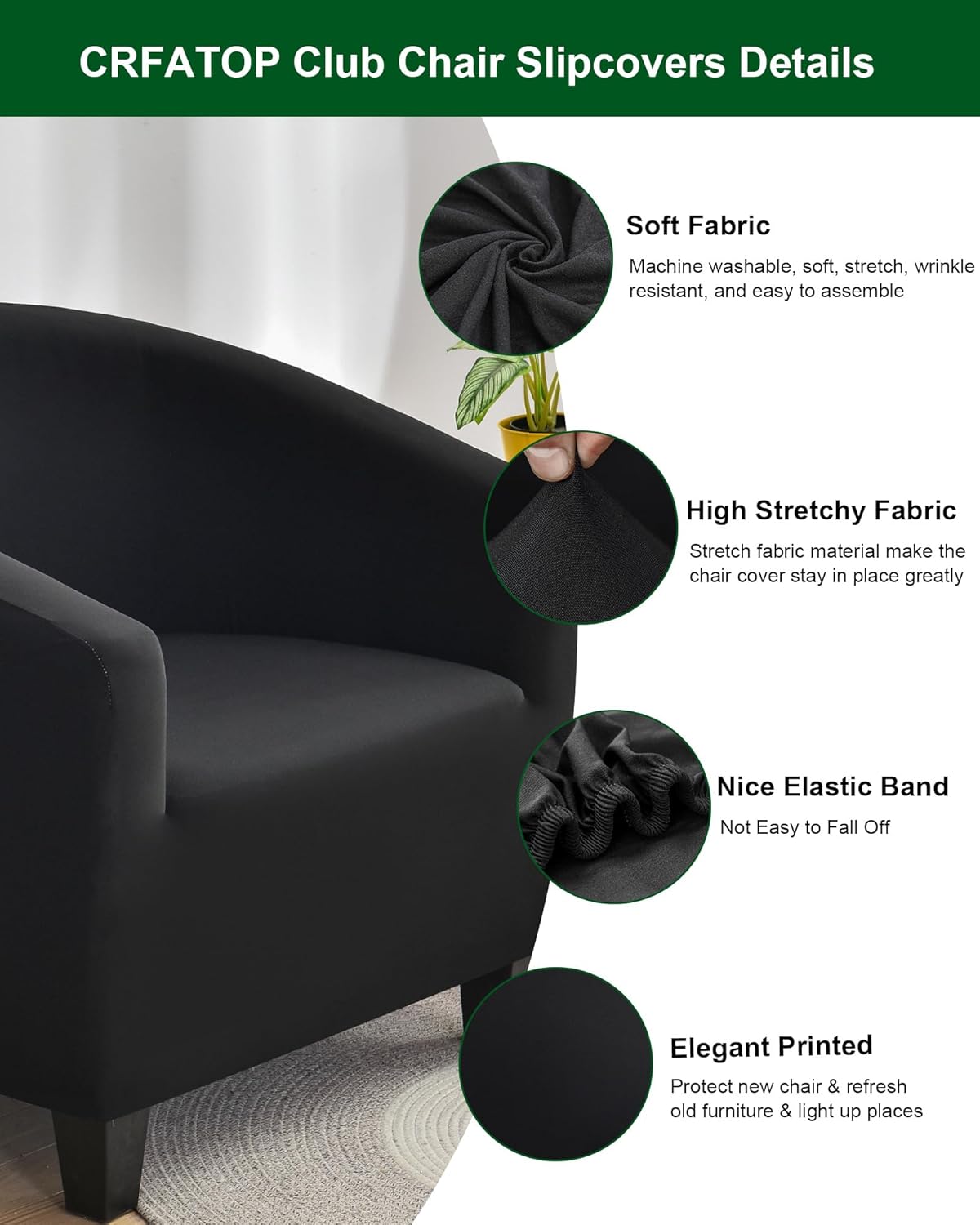 CRFATOP Soft Club Chair Slipcover Stretch Barrel Chair Covers Printed Tub Chair Slipcovers Round Couch Covers Spandex Armchair Sofa Cover Removable Furniture Protector for Living Room,Black