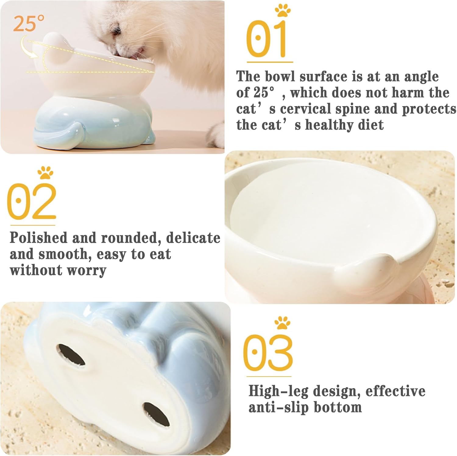 Elevated Ceramic Cat Bowls, 25°Raised Cat Food Bowl, Whisker Friendly Anti Vomiting Cats Dishes, Anti Vomiting & Protect Pet's Spine, Feeder Dish for Indoor Kitty and Small Dogs (Gradient Colors)