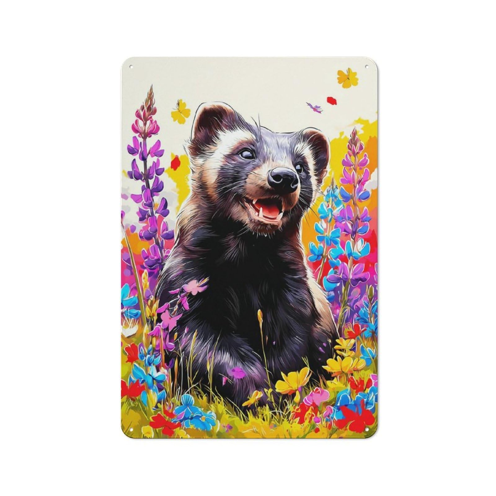 Junmoney Wildflower Haven With Happy Ferret Vintage Metal Sign 30X20cm For Lounge Or Reading Corner, For Garage, Workshop And Man Cave Decoration