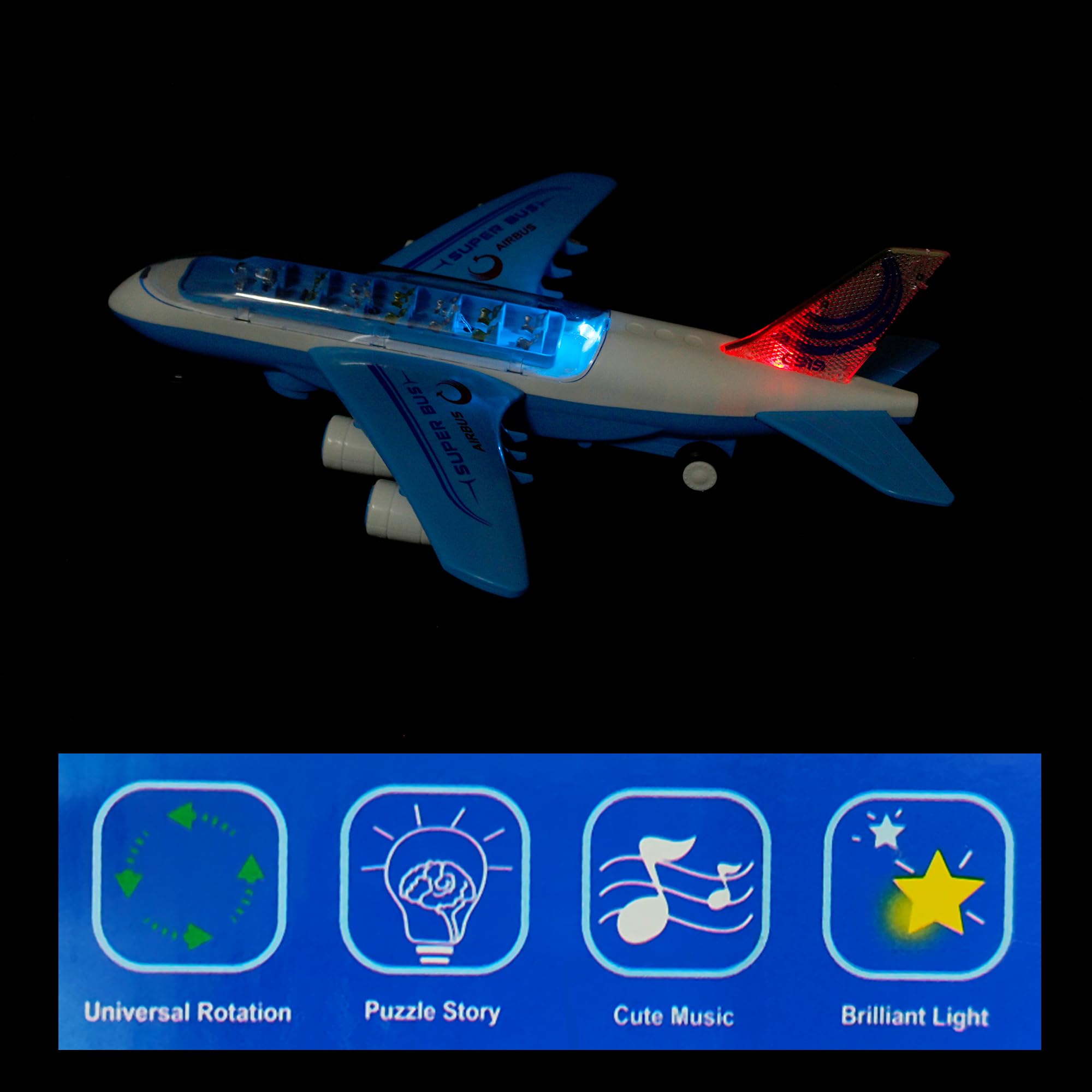 RAINBOW RIDERS Air Bus Toy Lights & Sound Boys/Girls, Battery Operated Plane with Universal Wheel (Doesn't Fly) (Blue) 1