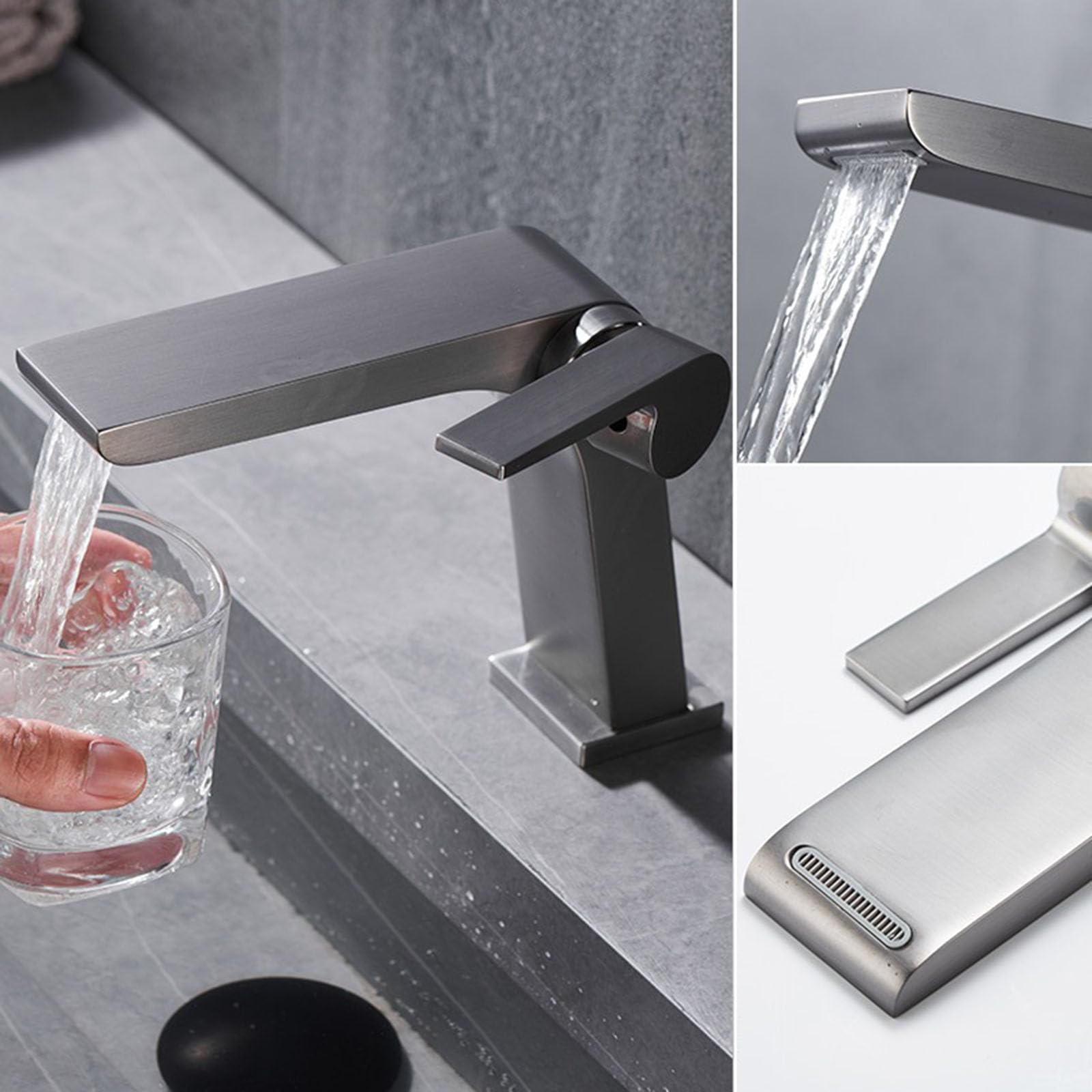 Grifo Baño Cascada Laton, Grifo de Baño Monomando agua Caliente y agua Fria Pistola Gris
