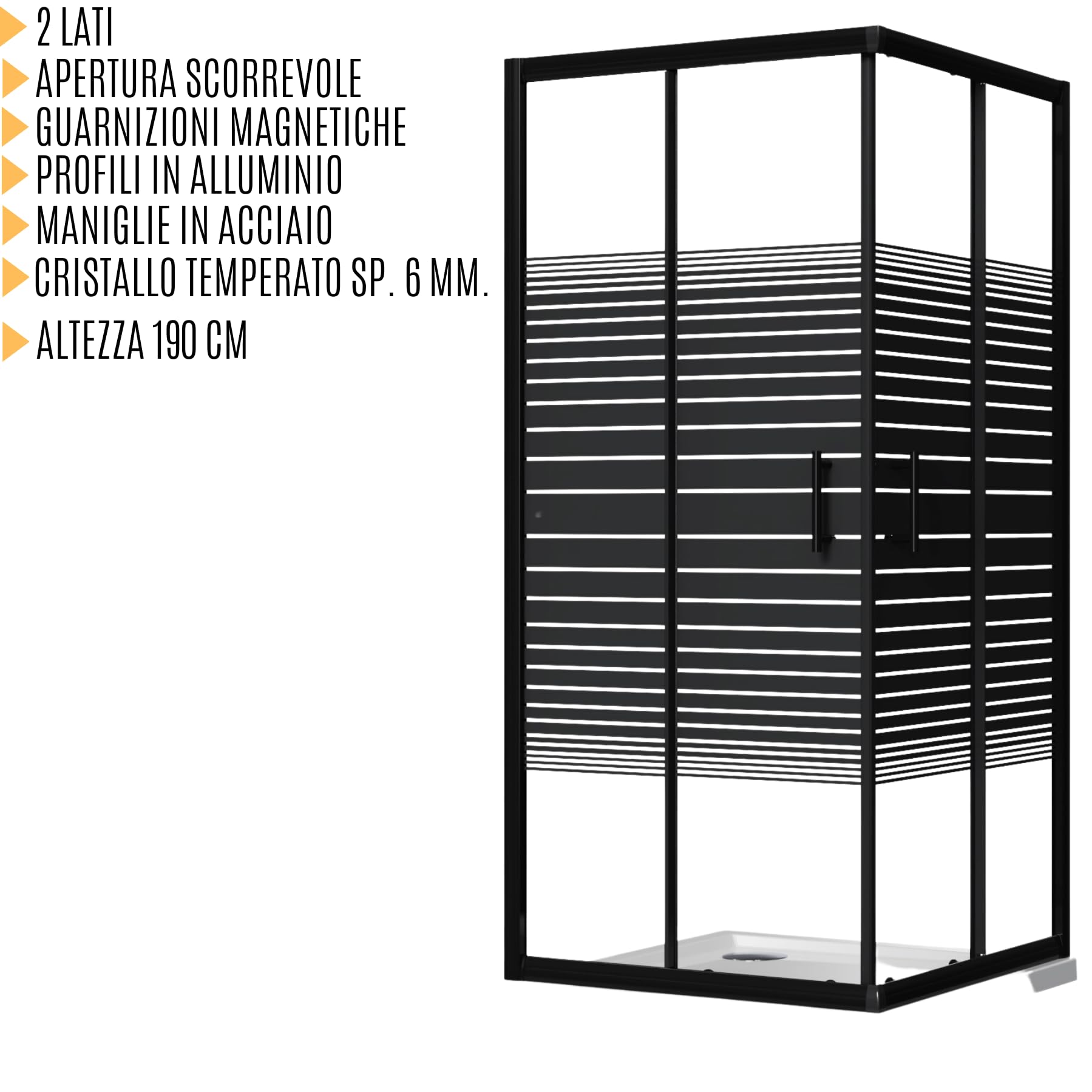 ZIK - Box Doccia 80x80 Angolare 2 Lati Nero (Altezza 190) Cabina Doccia Completa in Vetro Temperato 6mm Reversibile, Box Doccia Completo con Porta Scorrevole, Tutti i Componenti sono Inclusi