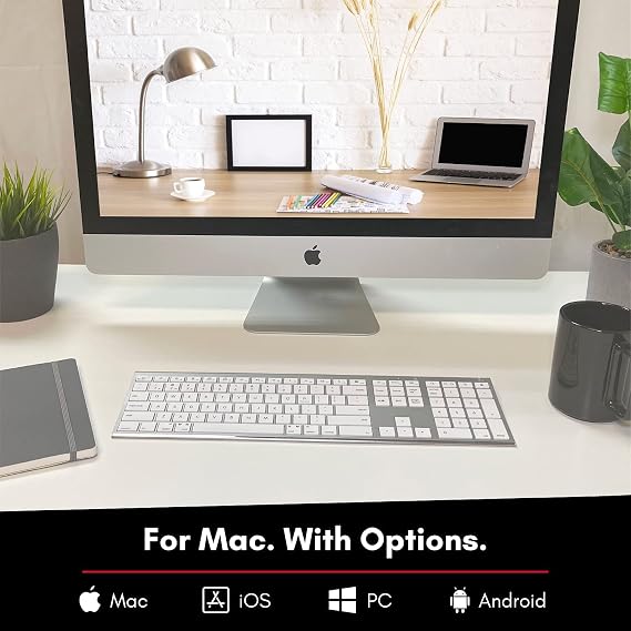 لوحة مفاتيح Bluetooth لاسلكية Macally لنظام التشغيل Mac - لوحة مفاتيح Apple متوافقة أو MacBook Pro/Air، وiMac - أجهزة متعددة، وما يصل إلى 3 أجهزة تحتوي على 110 مفاتيح، و20 اختصارًا، ولوحة مفاتيح رقمية، وقابلة لإعادة الشحن - فضي