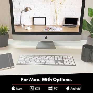 لوحة مفاتيح Bluetooth لاسلكية Macally لنظام التشغيل Mac - لوحة مفاتيح Apple متوافقة أو MacBook Pro/Air، وiMac - أجهزة متعددة، وما يصل إلى 3 أجهزة تحتوي على 110 مفاتيح، و20 اختصارًا، ولوحة مفاتيح رقمية، وقابلة لإعادة الشحن - فضي