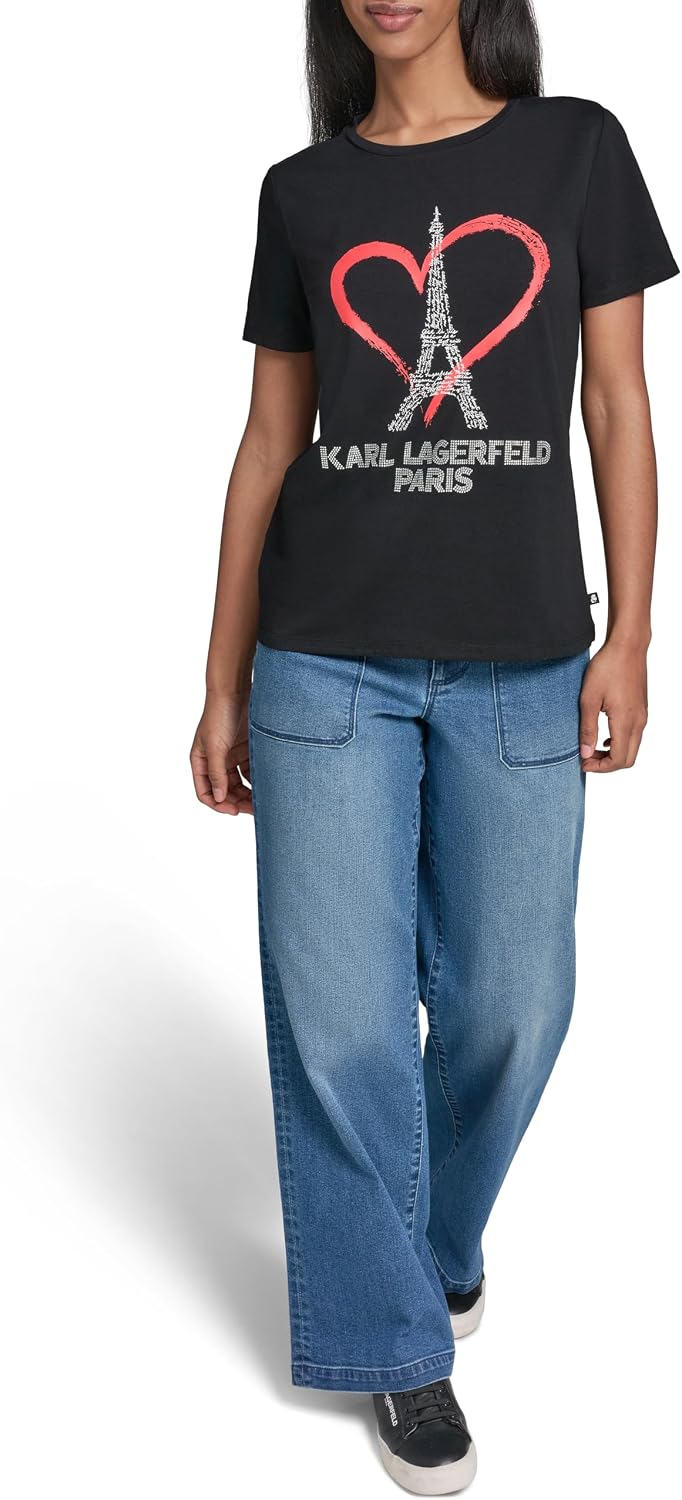 Karl Lagerfeld Women's Logo Heart of Eiffel Tower Paris Theme T-Shirt
