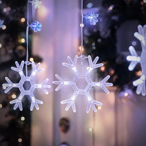 Miniatura 4 de Minetom Luces de carámbano de copo de nieve de Navidad para exteriores, 7 pies, 7 gotas, 70 luces LED de copo de nieve, conectables para interiores