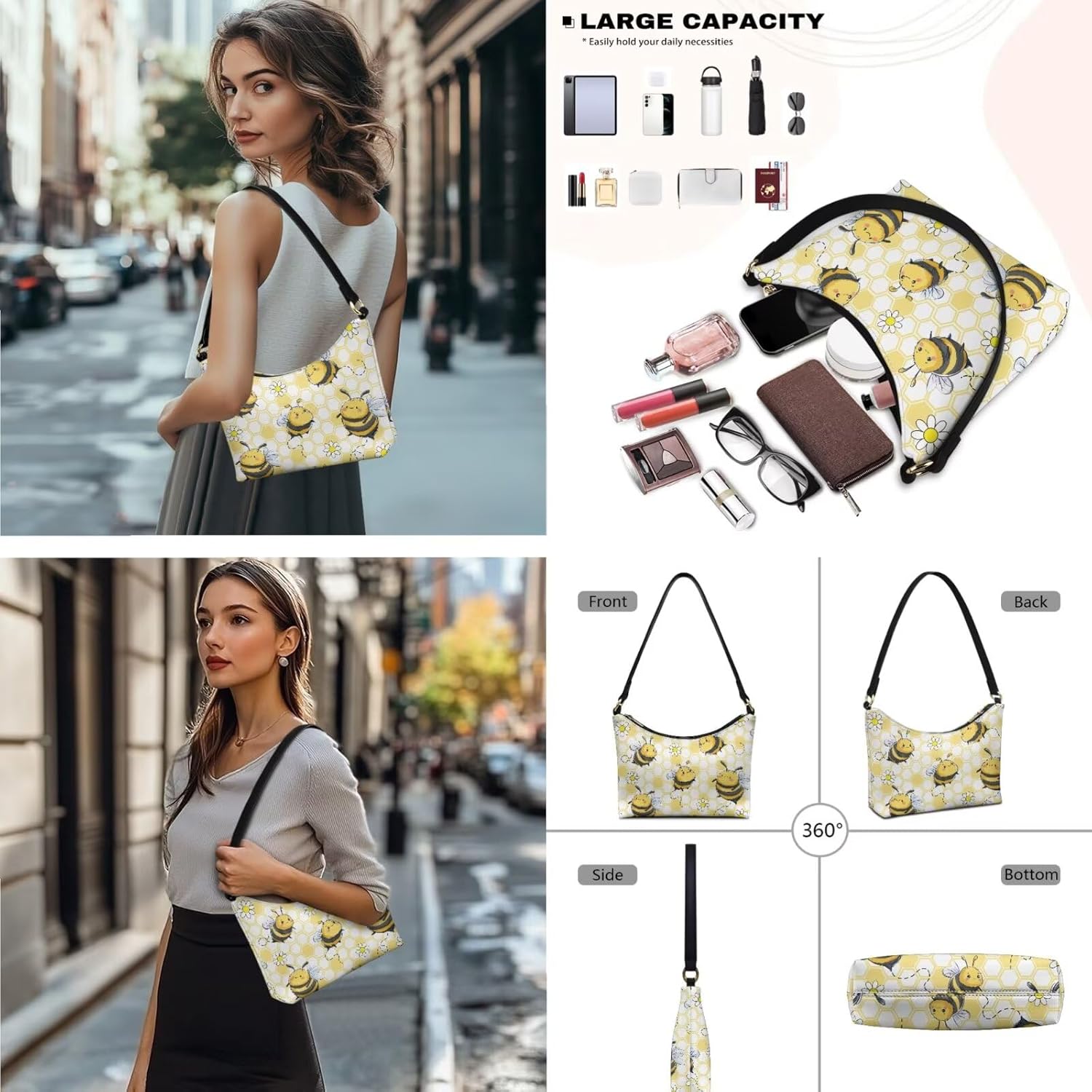 2Pcs Shoulder Bag Set with Wallet for Women Leather Underarm Purse with Wristlet Wallet Hobo Tote for Work