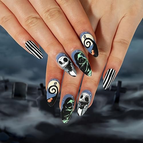 Miniatura 102 de Uñas postizas a presión de Halloween, cuadradas, medianas, francesas, color negro, degradado, cobertura completa, calavera, corazón rosa, con Uñas
