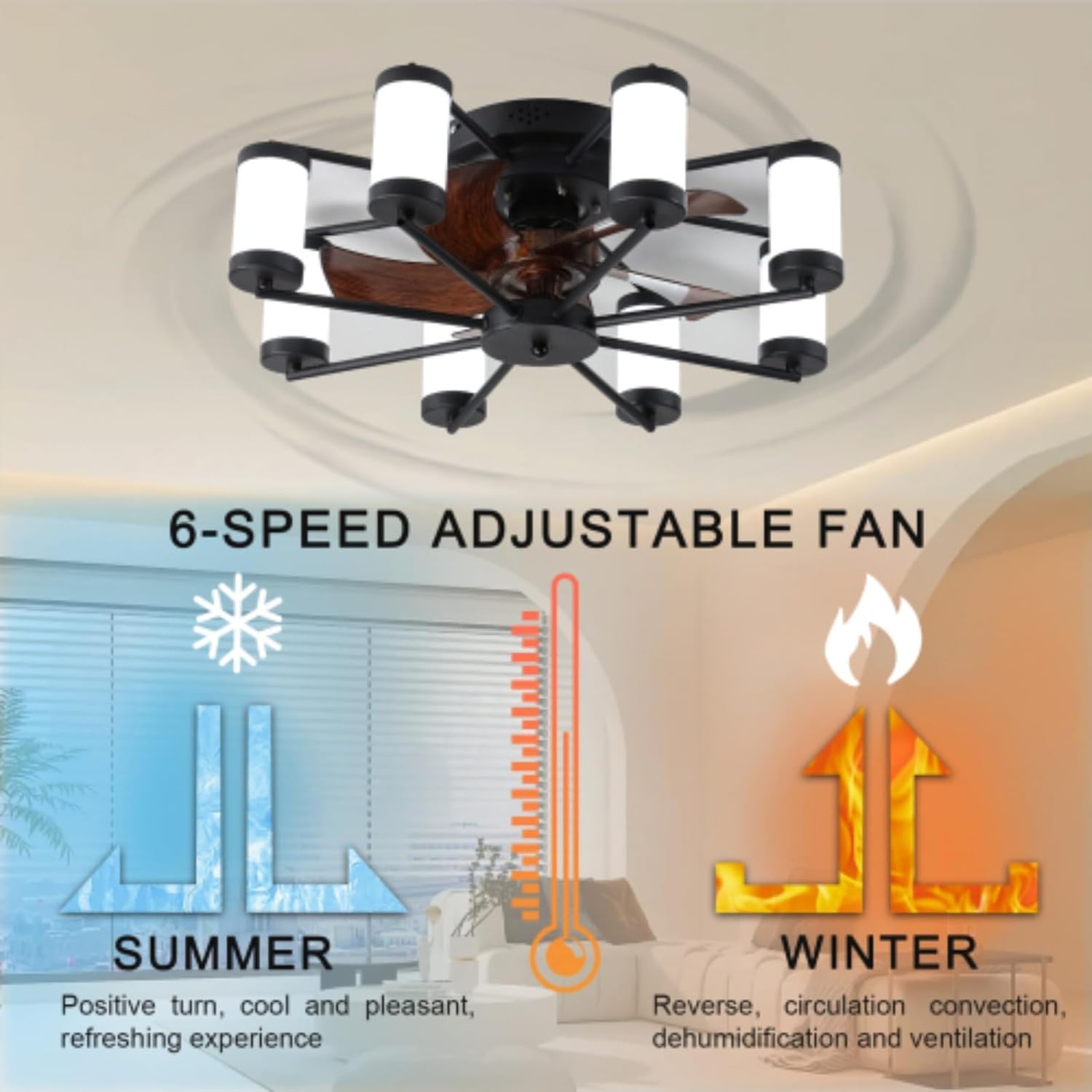 21.7 Inch Ceiling Fan Light - Windmill Shape Recessed Ceiling Fan Light with Remote Control and Timer, Black, for Living Room, Bedroom