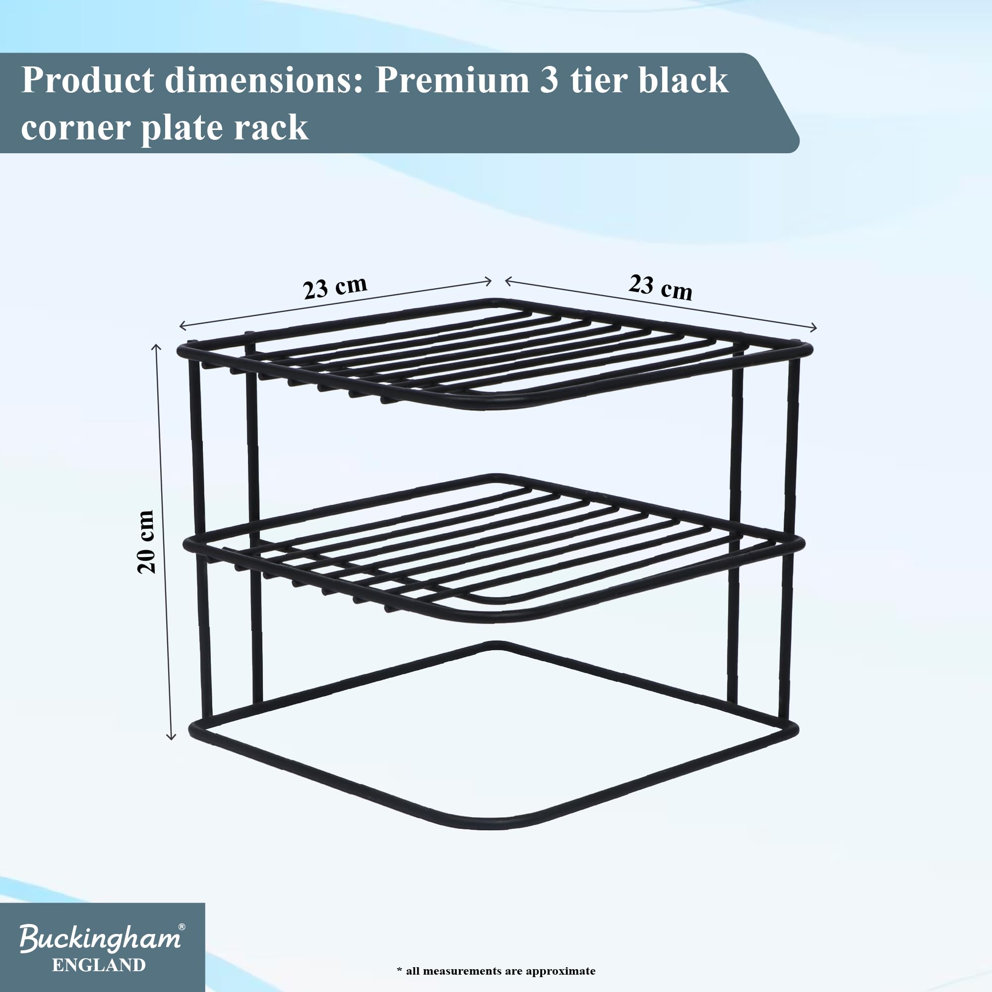 Buckingham 3-stöckiges schwarzes Eckplattenregal, Küchenschrank, Aufbewahrung, Organizer, Premium-Qualität, Geschirrregal, platzsparendes Regal, Organizer, 22,5 cm