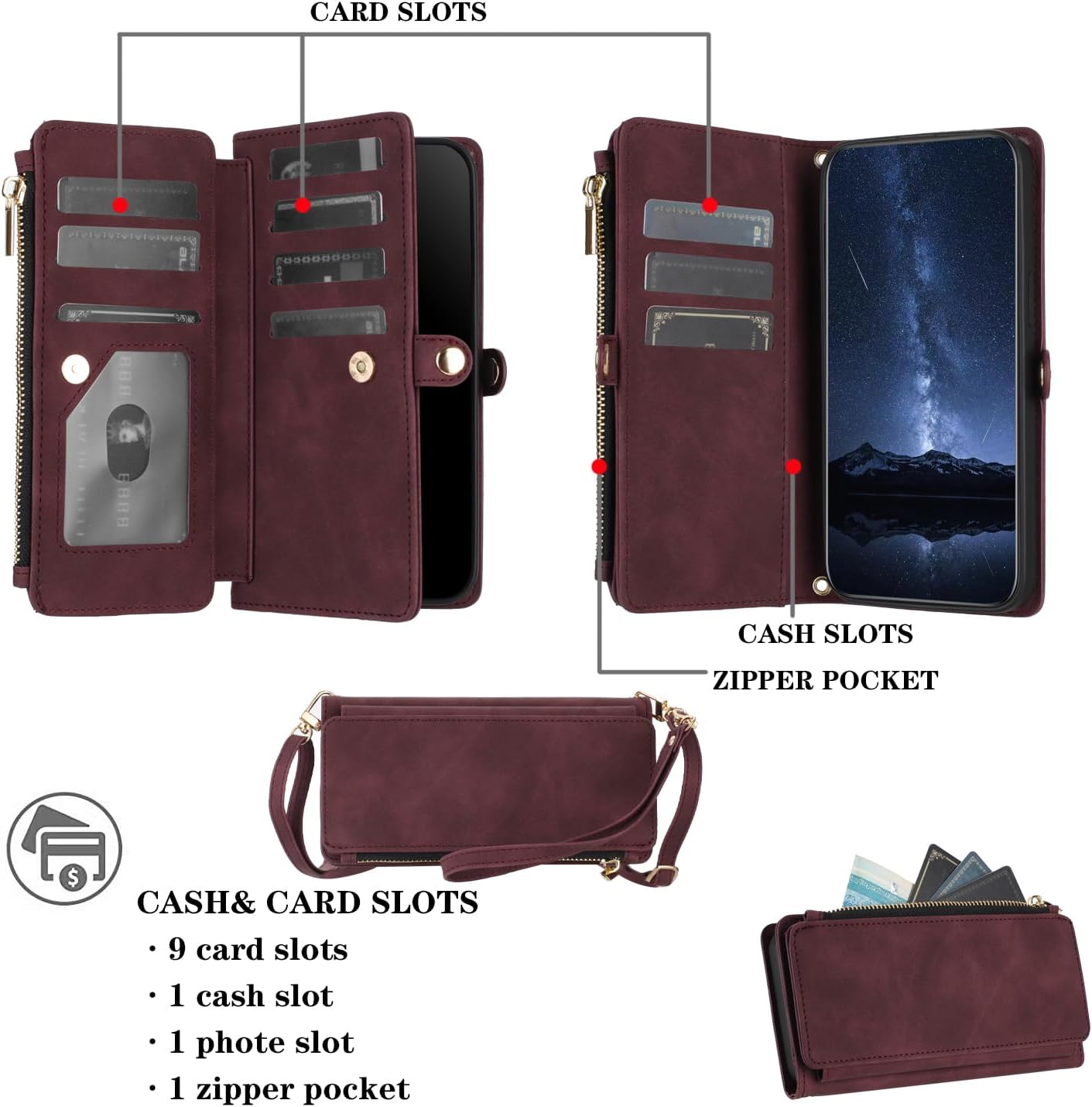 Suitable for Samsung Galaxy S25 Ultra Wallet Case, Multifunctional Flip Case for Women Men with RFID Blocking Card Holder, Pu Leather Magnetic Snap Zipper Wallet Case for Galaxy S25 Ultra (Wine Red)