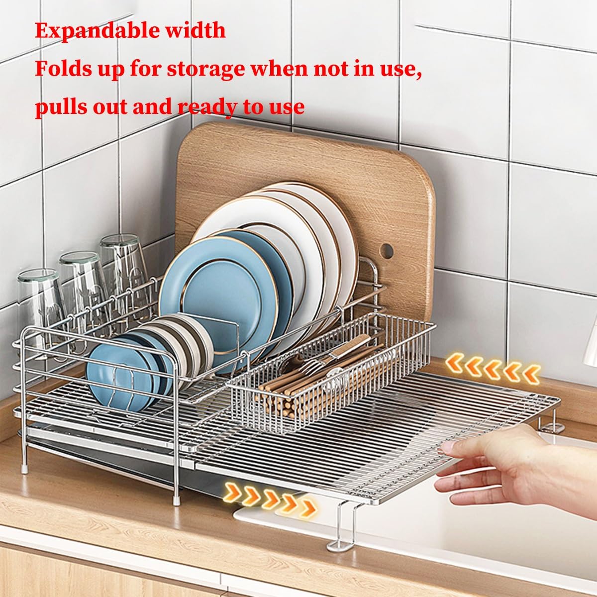 Escurridor de Platos Extensible con Bandeja recogegotas, escurridor Grande de encimera, escurridor con Soporte para Copas de Vino, portavasos y Soporte para Cubiertos (Plateado, 2 Niveles)