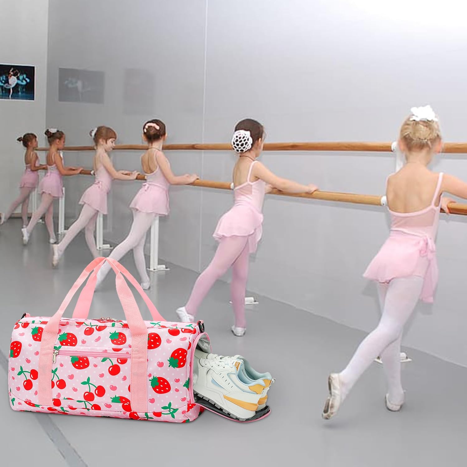 Duffle Bag for Girls Kids Overnight Bags Cute Strawberry Cherry Dance Sports Bag Travel Tote with Shoe Compartment and Wet Pocket
