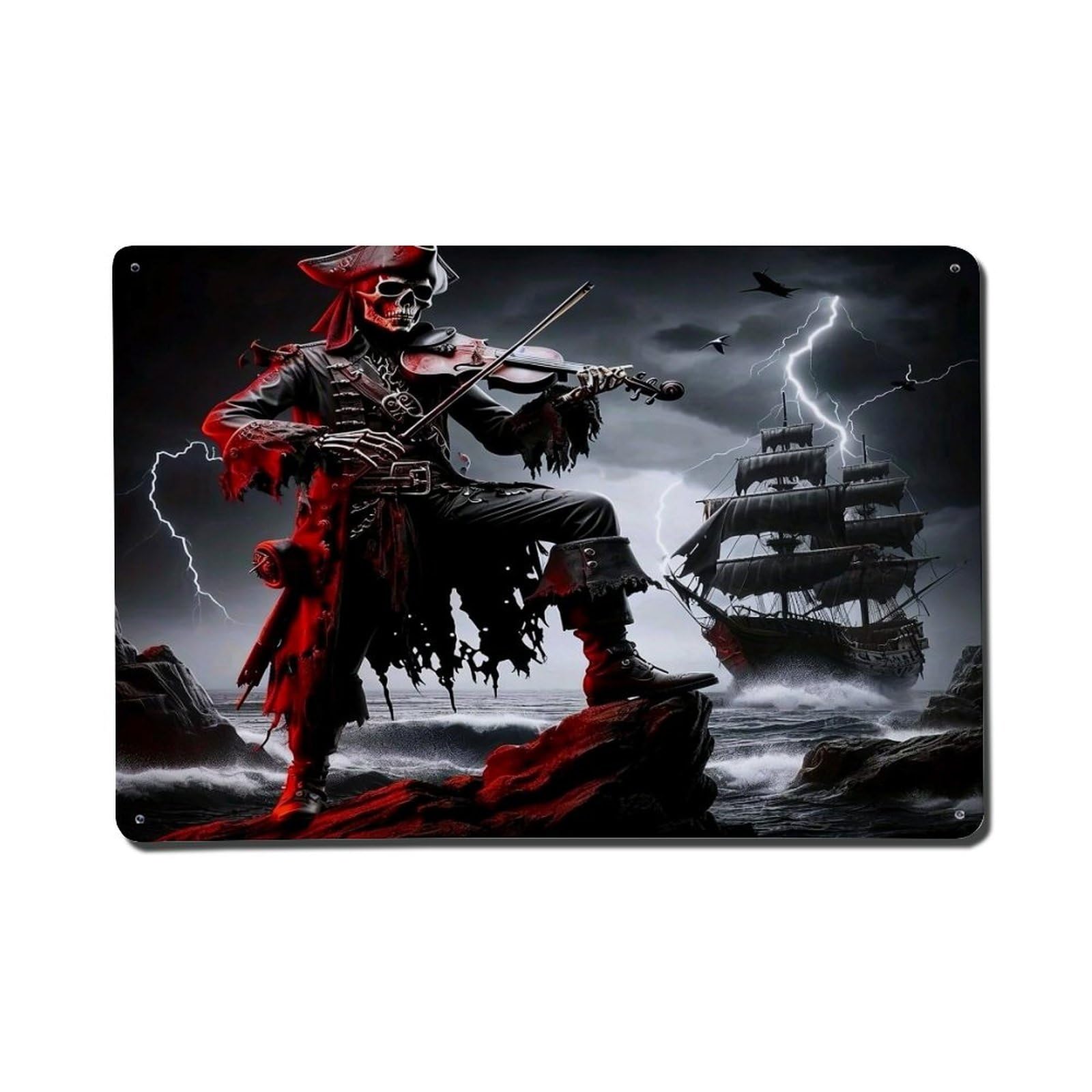Jdfenggu Vintage Pirate Skeleton Playing Violin Retro Metal Tin Sign, Metal Poster For Bar, Home, Man Cave, Kitchen, Laundry Room Art Decor 8X12 Inch
