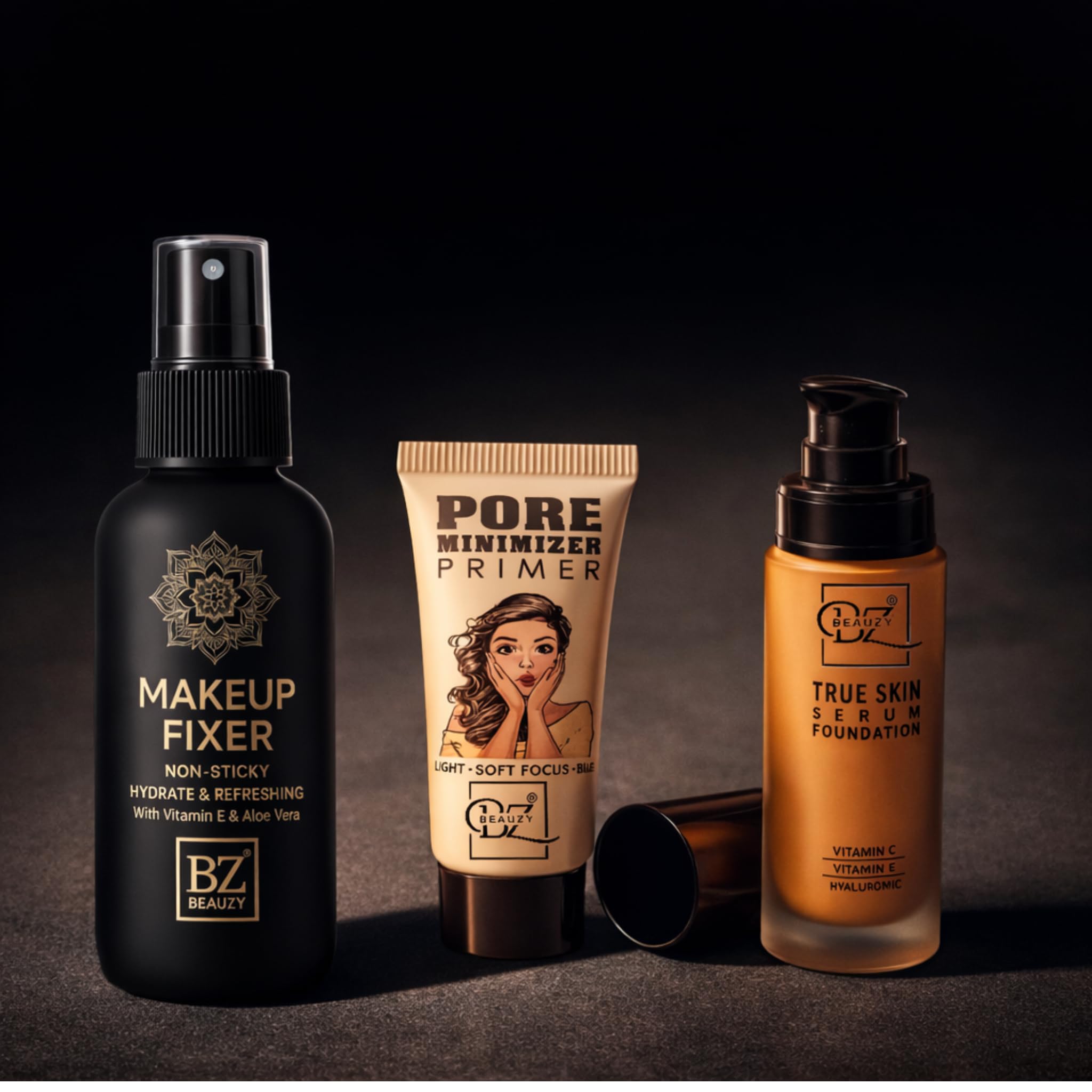 Beauzy Makeup Combo Kit – Pore Minimiser Primer 30ml, True Skin Serum Foundation 30ml & Makeup Fixer Spray 60ml | Vitamin C, E & Aloe Vera | Long-Lasting Natural Glow Base Makeup Set-image-43