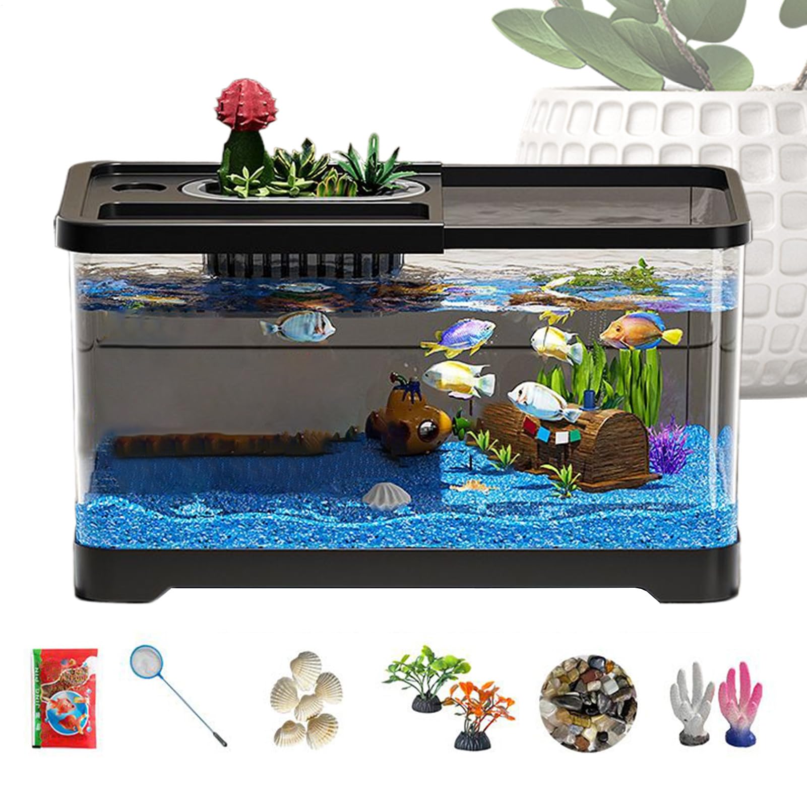 Fish Tank Starter Kit - Glass Aquarium With Filter System, LED Light | Aesthetic Underwater Landscape Decoration For Home Den Dorm Desktop Kids Room