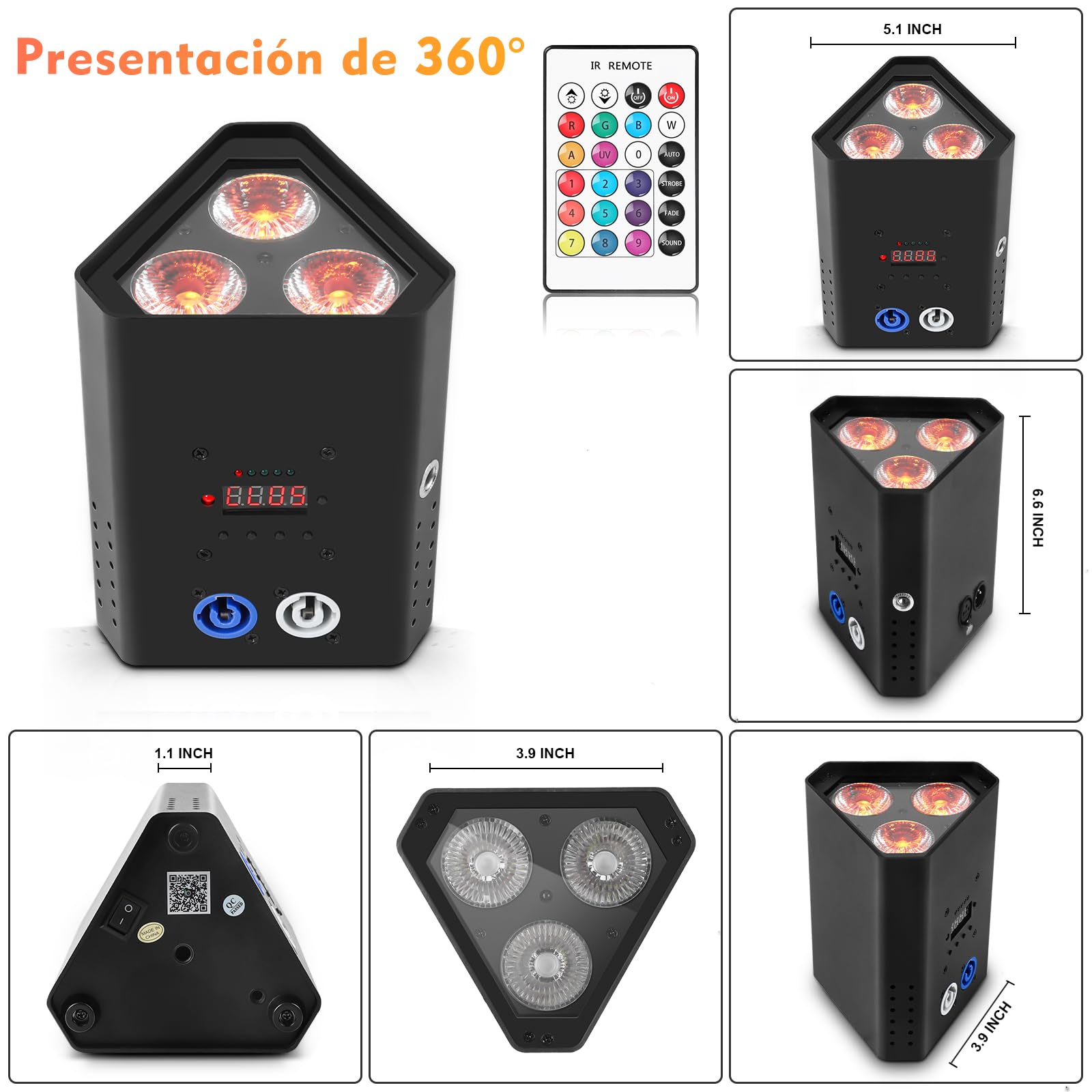 Batteria LED da 3 * 18W Par Light RGBW+UV Faretto da Palco Ricaricabile 6 in 1, Luce da Discoteca con Telecomando a Infrarossi/Wireless da 2,4 GHz/APP, Adatto per Palchi Festival