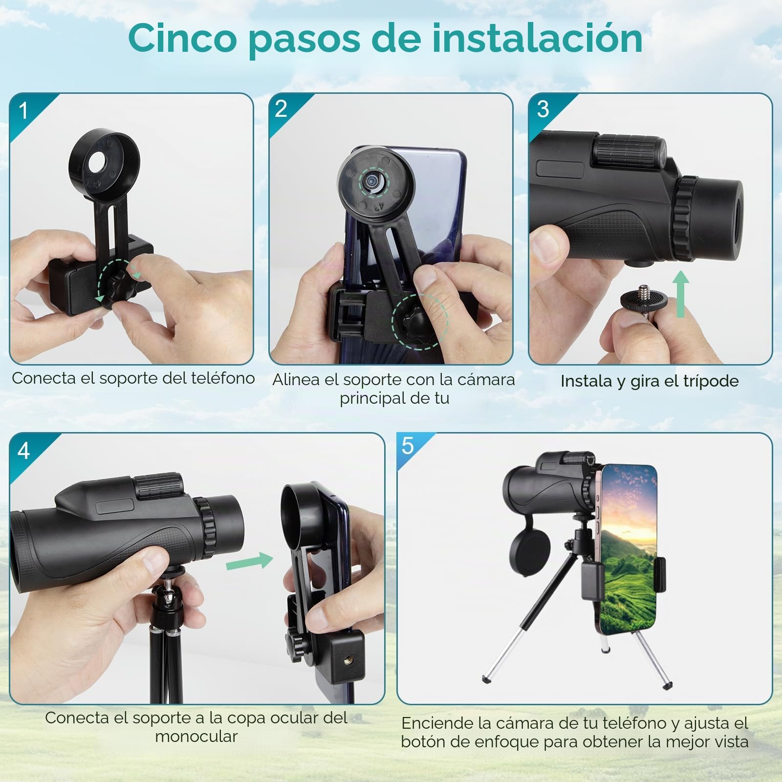 Telescopio Monocular 20X60HD Prisma BAK4 Lentes FMC Premium contra el Polvo/Agua/Niebla con trípode Estable Impermeable Monocular para Adultos para la Observación de Aves Senderismo