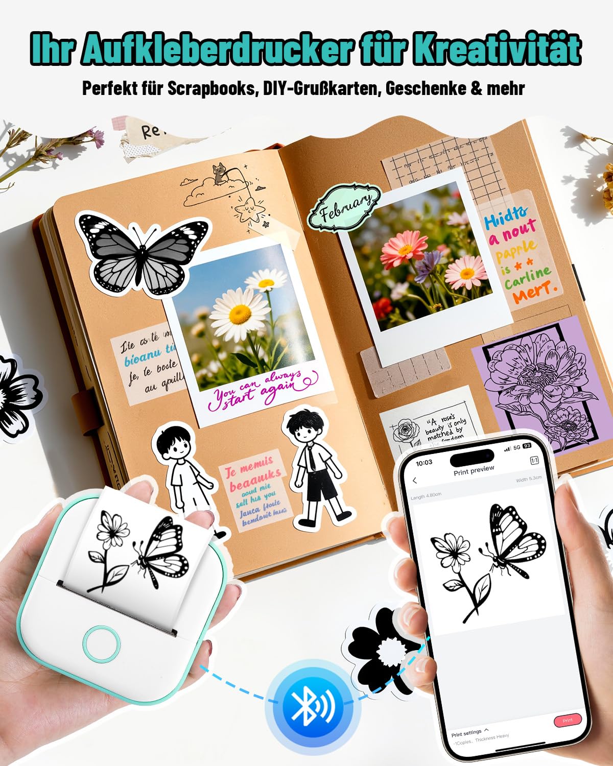 Phomemo T02 Impresora Fotos Movil, Impresora Térmica Sin Tinta, Impresora Portátil para Estudiantes, Impresora Multifuncion para Teléfono y Tablet, Impresora Pegatinas Bluetooth para Estudio — view 4