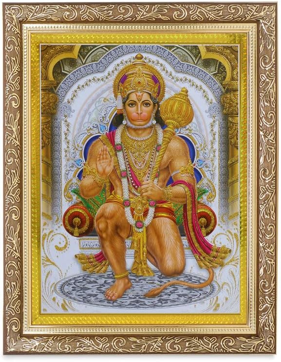 Hanumanji Ashirwad Zari Art Work Photo In Golden Frame (11 X 13 Inches)