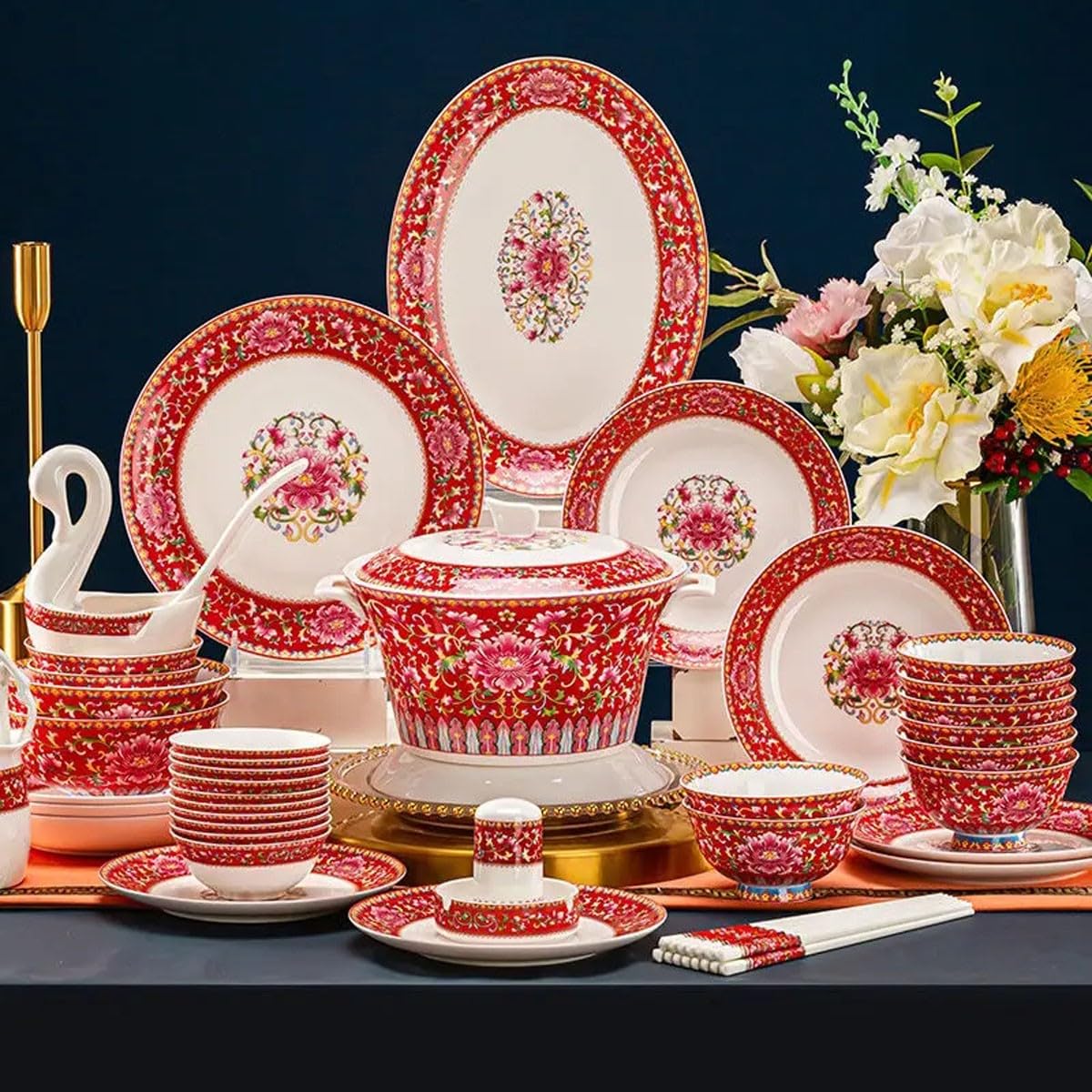 ArknAv 70 Pieces Chinese Bone China Dinnerware Set Enameled Bowl, Plate and Dish Combo Tableware Set Wedding Housewarming Gift