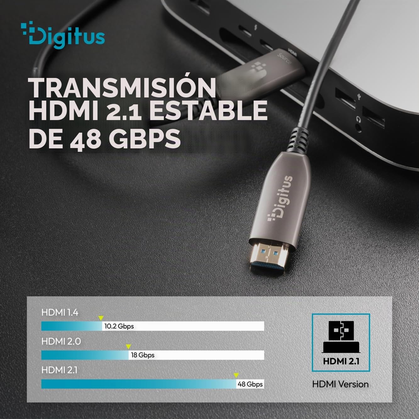 DIGITUS Cable HDMI de fibra óptica – 10 m – UHD 8K 60 Hz 4K 120 Hz | HDMI 2.1 – 48 Gbps – eARC, HDR, HDCP 2.2, CEC – Cable híbrido AOC – Cable HDMI de FO – Negro