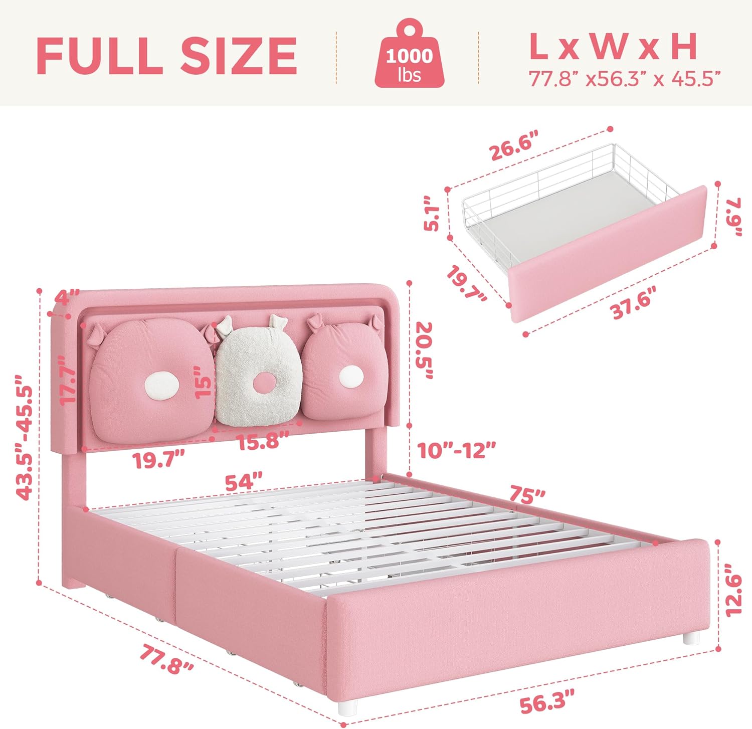 Diagram showing the dimensions of the Jocoevol Full Bed Frame and its components.