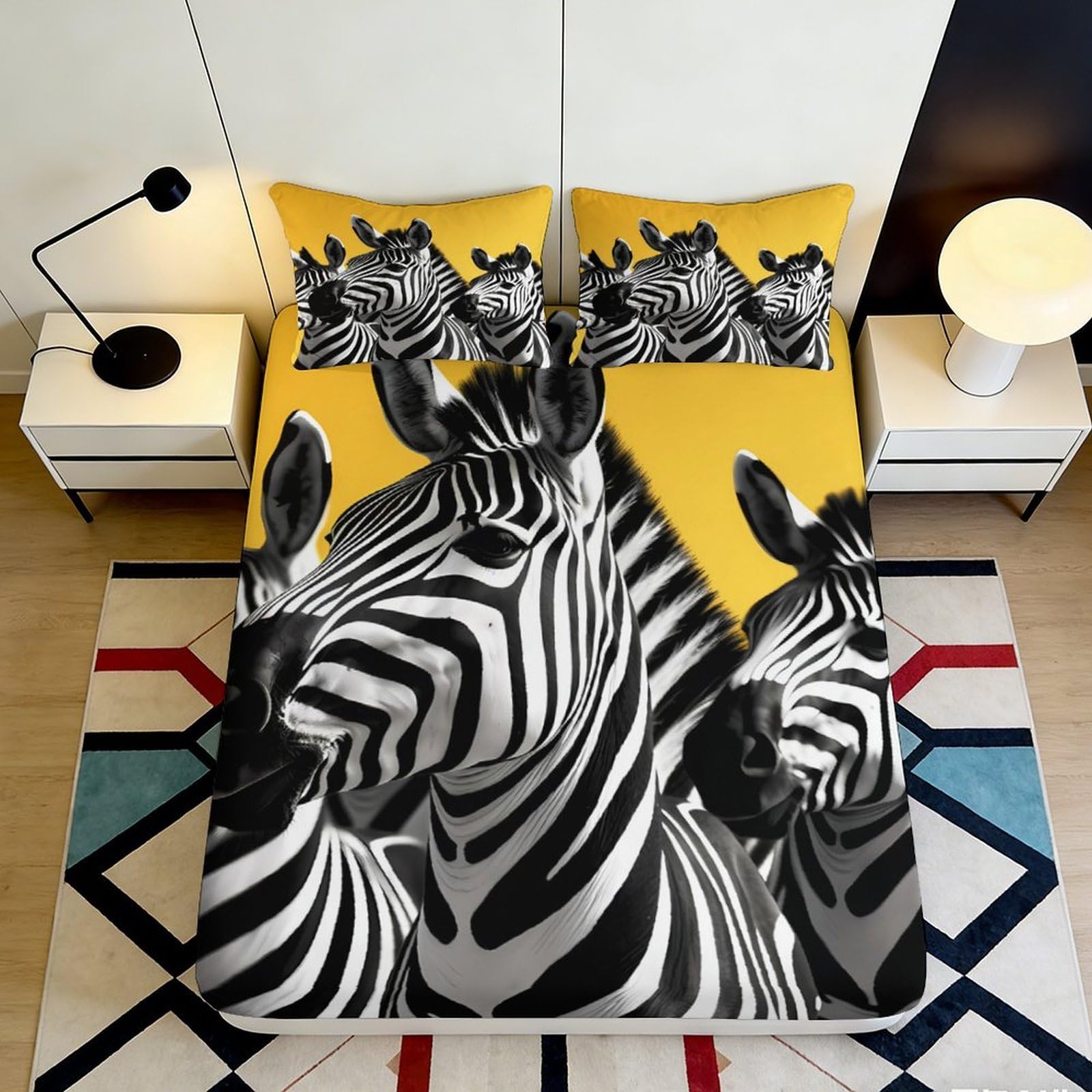 3D Printed Zebra Fitted Sheet Microfiber Deep Pocket Bedroom Bedding Zebra Mattress Fitted Cover Non-Slip Washable for Home 120x200x25cm