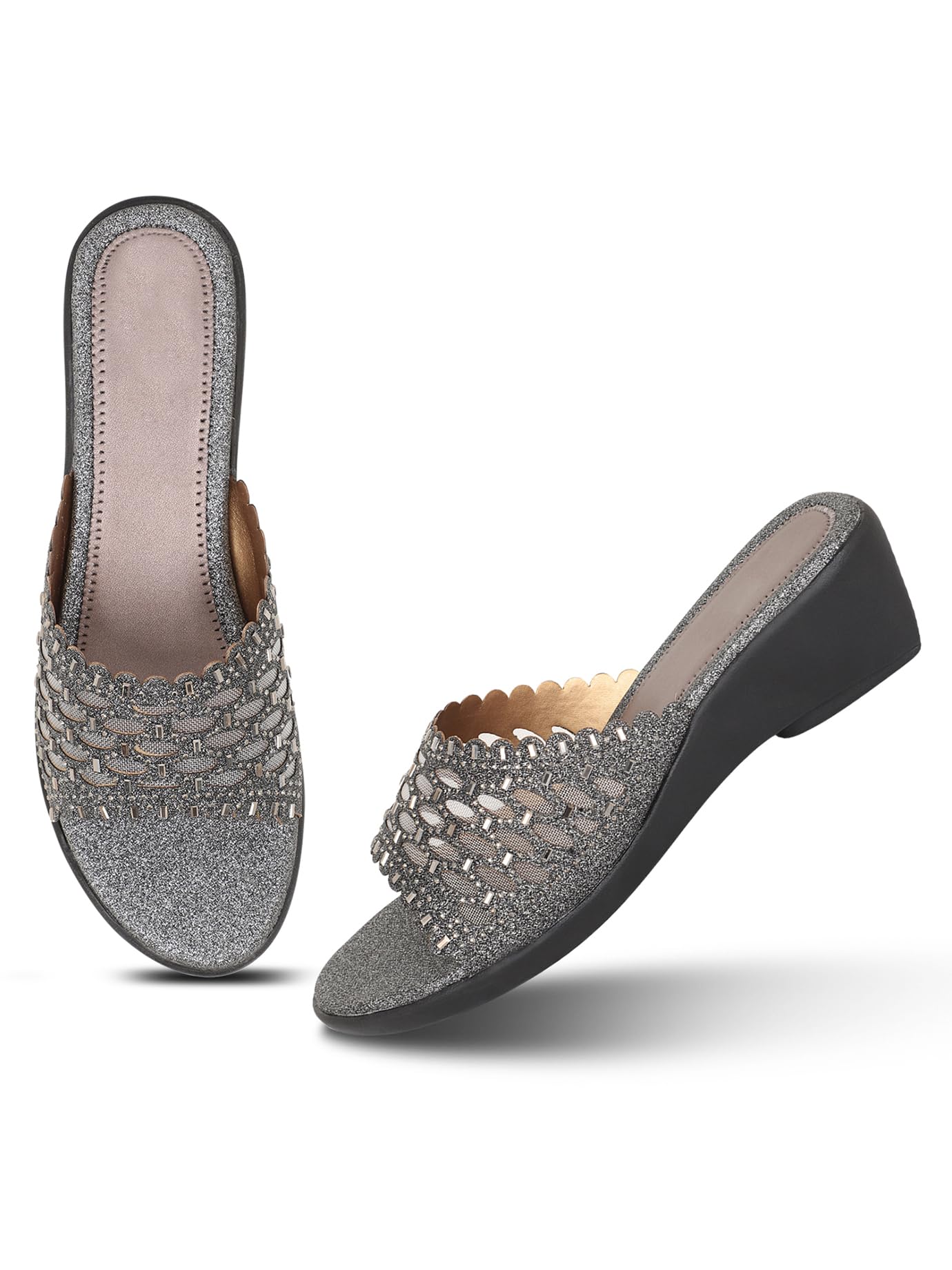 RAHEGAS Women Embellished Wedge Slip On Flats- Grey-image-44