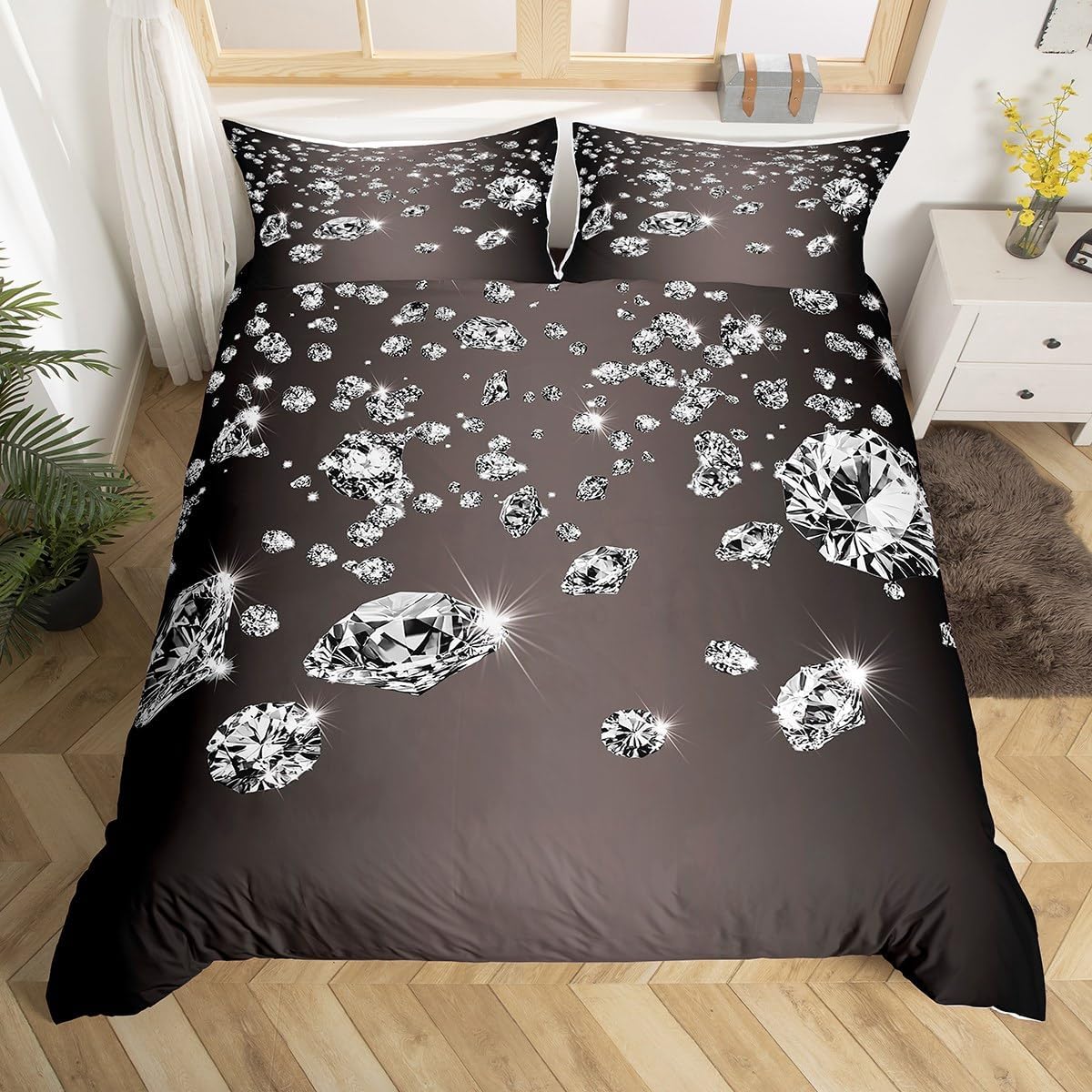 Erosebridal Glitter Bedding Set for Girls Boys Child Teens,3D Sparkles Crystal Duvet Cover,Silver Diamond Black Comforter Cover Full,Gray Gradient Quilt Cover Fashion Bedroom Decor