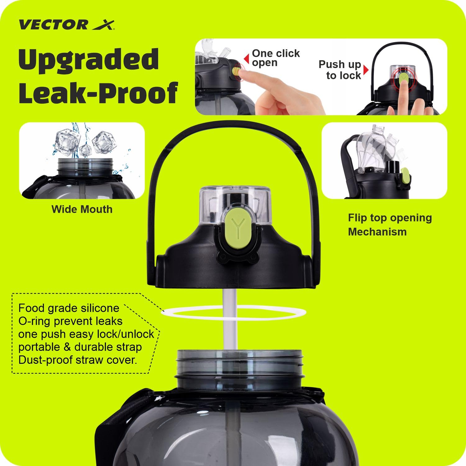 Vector X 3 LTR Capacity Gym Gallon Plastic Water Bottle with Carry Handle|For Man Sports Fitness Outdoor Activity|Large 3 L Reusable Water Jug BPA-Free, Unbreakable, Freezer Safe (Black) 2