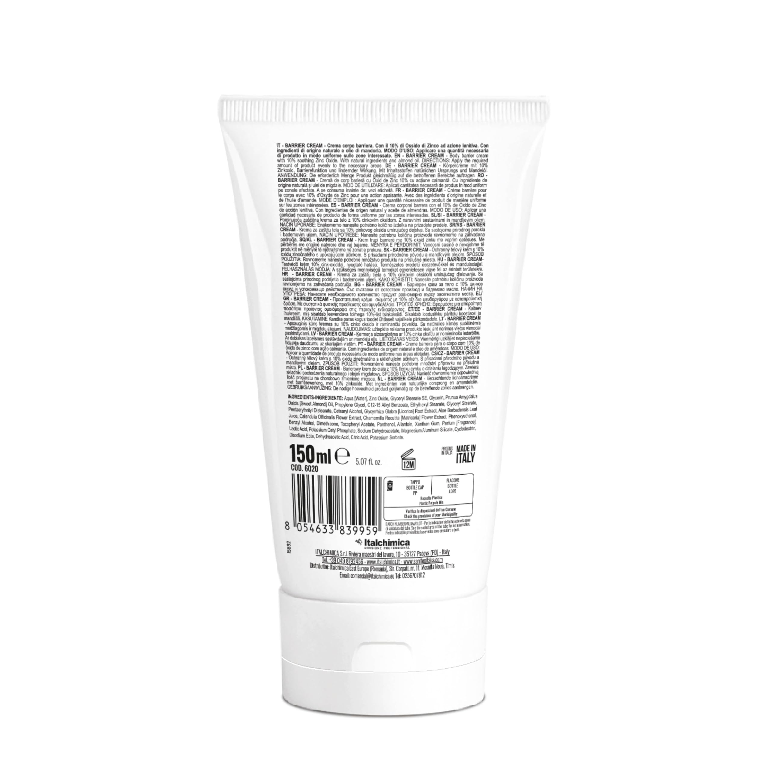 Sanitec BARRIER CREAM Crema Corpo Idratante Ossido di Zinco 10% Azione Lenitiva Olio di Mandorla 150 ml