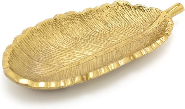 Carousel Home Elegant Gold Metal Feather Trinket Dish | Antique Style Gold Tone Display Plate Vanity Tray | Ring Holder Jewellery Plate