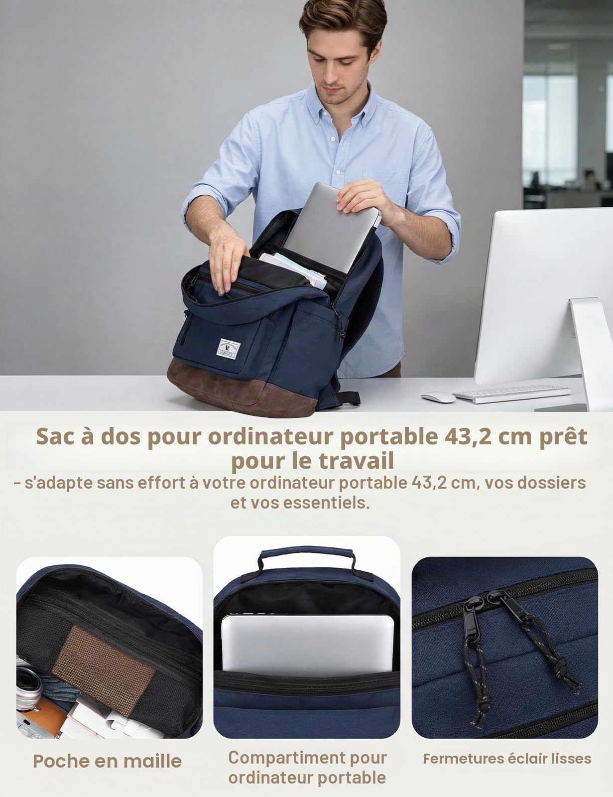 VX VONXURY Sac à Dos Homme Sac a Dos Ordinateur pour 15,6/17 Pouces Sac a Dos Femme Travail avec Multi-Poches Voyage pour Cartable College pour École - 16L