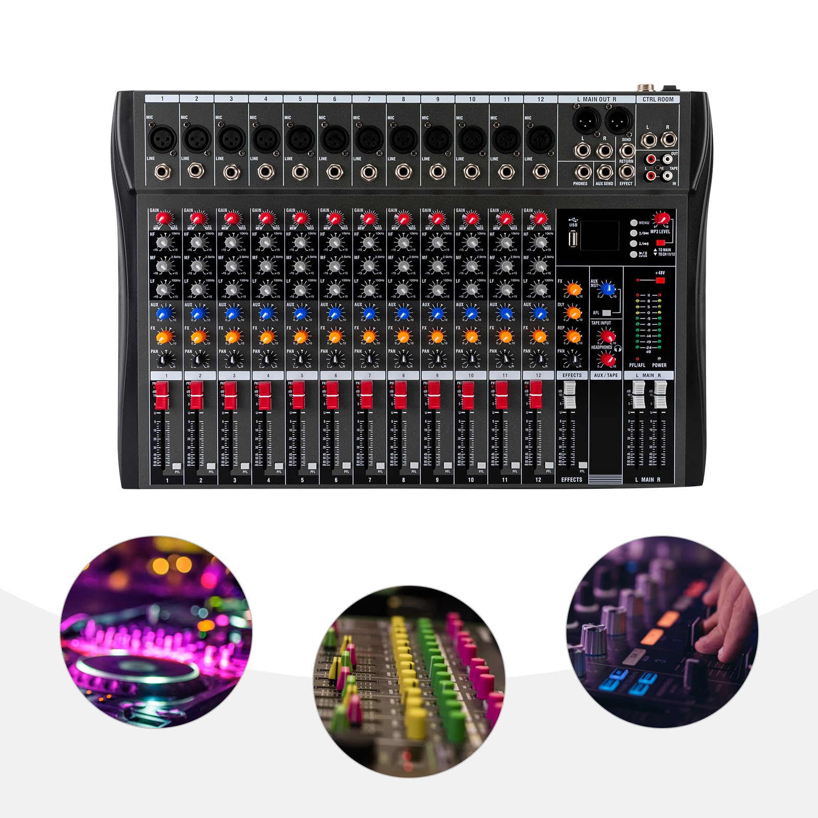 Mesa de mezclas profesional de audio DJ mezclador Soundboard consola 12 canales sistema de mesa para estudio, Bluetooth\USB, negro