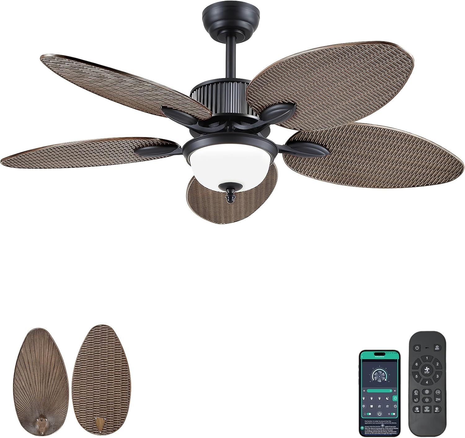 50 Inch Tropical Ceiling Fans with Lights and Remote/APP Control, Outdoor Waterproof Palm Leaf Ceiling Fan for Patios Porches, Wet Rated, Glass Lampshade, 6 Speeds, Quiet, Dark Brown 50 Inch Dark Brown - With Light