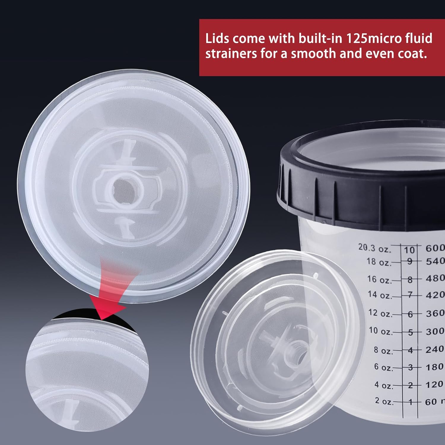 Disposable Paint Mixing Cup 20 Ounce (600ml) Kit,HVLP Paint Sprayer Gun Mixing Cups with 20 Cups and Lids System, 4 Plugs and 1 Hard Cup with Retainer Ring, 1 Cup Adapter,Paint Stirrer (20)