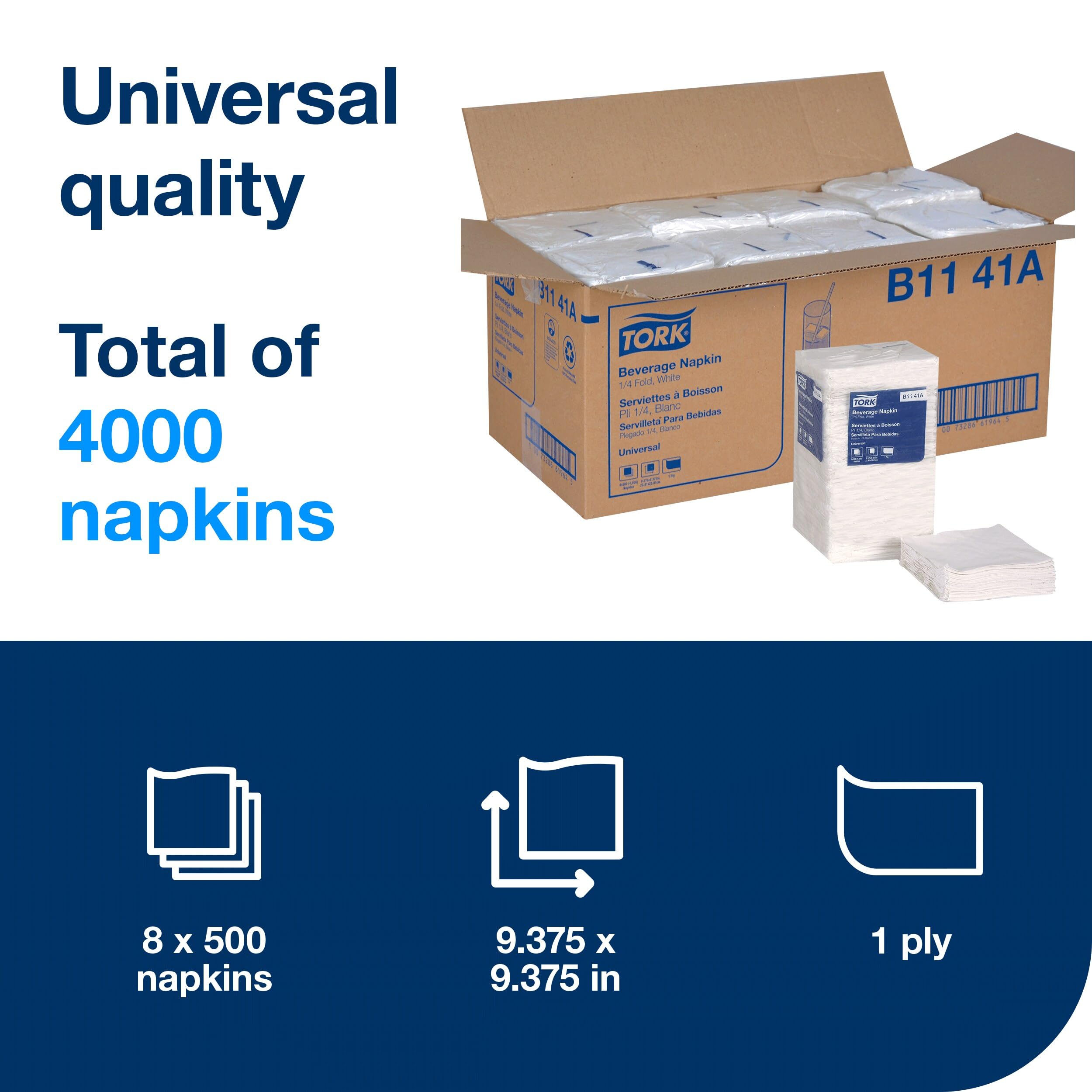 Tork universal b1141 a bebidas Servilletas, 1 capa, pliegue 1/4, 9.38 "Ancho x 9.38" Longitud, color blanco (funda de 8 paquetes, 500 por paquete, 4.000 servilletas)