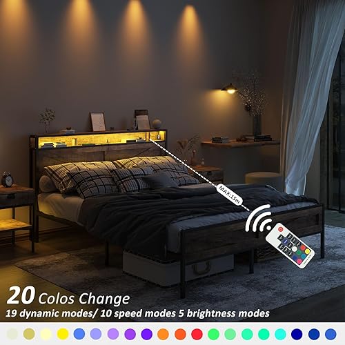Miniatura 7 de Halitaa Base de cama LED tamaño Queen con estación de carga, marco de cama de metal con cabecera de almacenamiento y puertos USB, marco de cama de