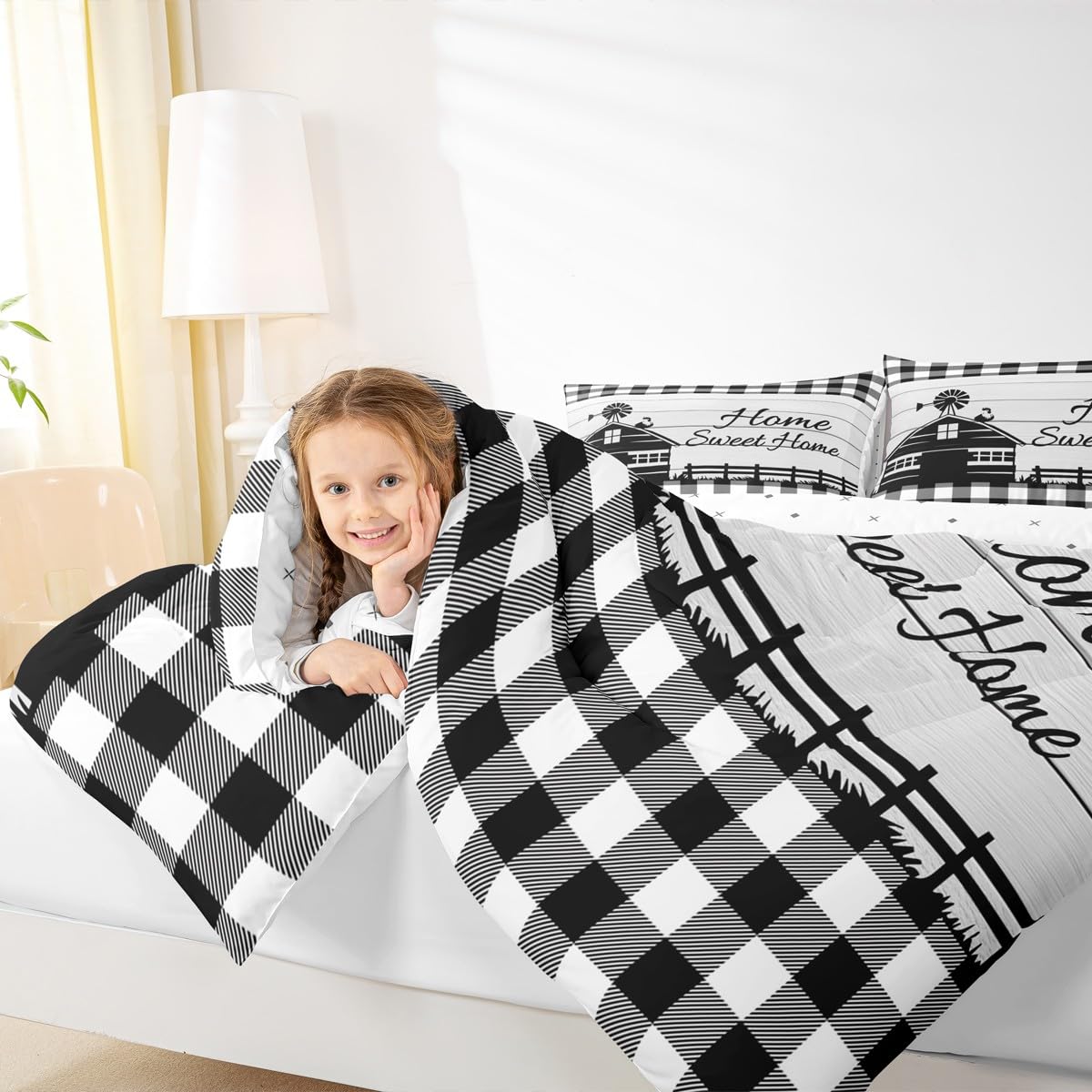 Black & White Buffalo Plaid Plush Throw Blanket, 50x60 NEW! Black and White Buffalo Plaid Quilted Throw Blanket Country Farmhouse display picture 1