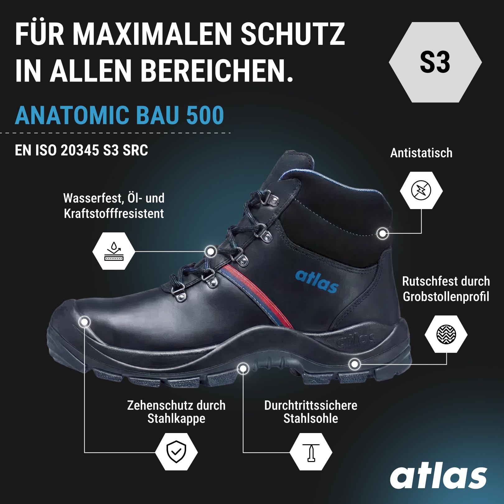 Atlas Męskie buty ochronne BAU 500, czarny, 43 EU