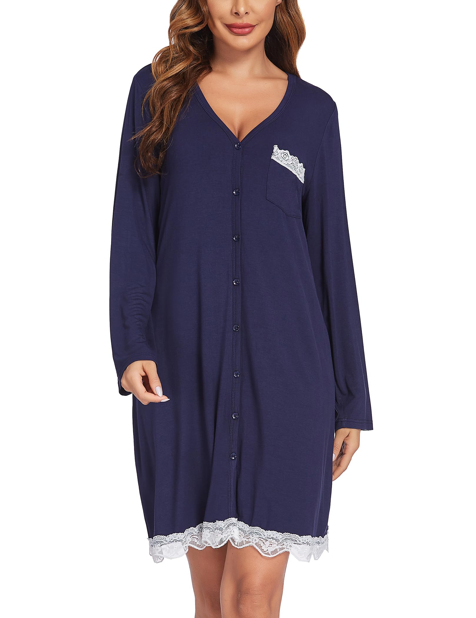 Ekouaer Camicia da Notte Donna Manica Lunga con Tasche Casuale Sleepwear Comodo Inverni, S-XXL