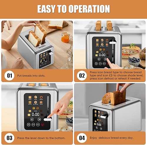 Miniatura 8 de WHALL Tostadora de pantalla táctil, 2 rebanadas, temporizador digital de acero inoxidable con función de sonido, ranuras inteligentes extra anchas