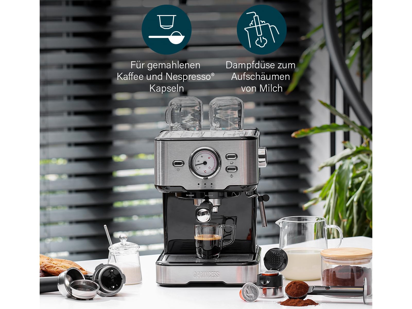 Máquina de café y cápsula con espumador de leche para capuchino, latte y espresso macchiato, 20 bares, color negro con acero inoxidable